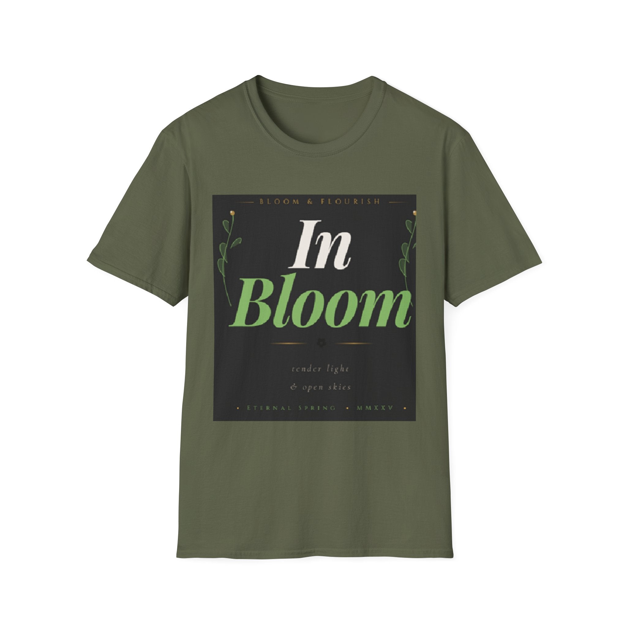In Bloom T-Shirt — Botanical Graphic Tee with Green Lettering