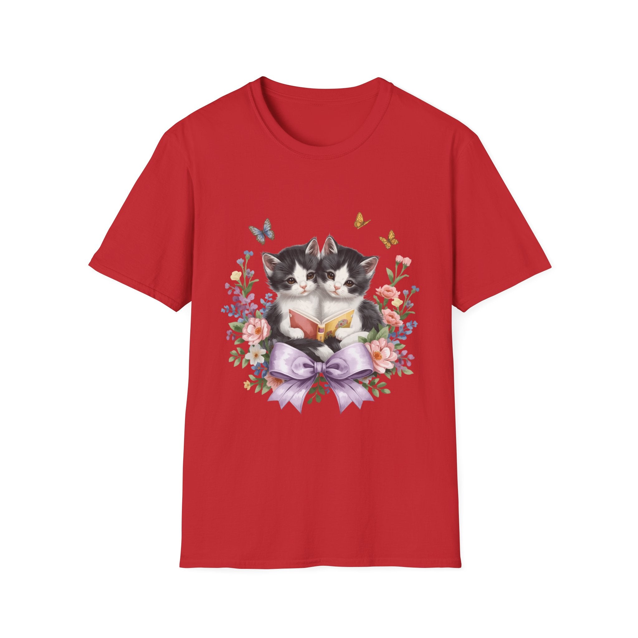 Cute Kitten Floral T-Shirt — Twin Cats with Ribbon & Butterflies