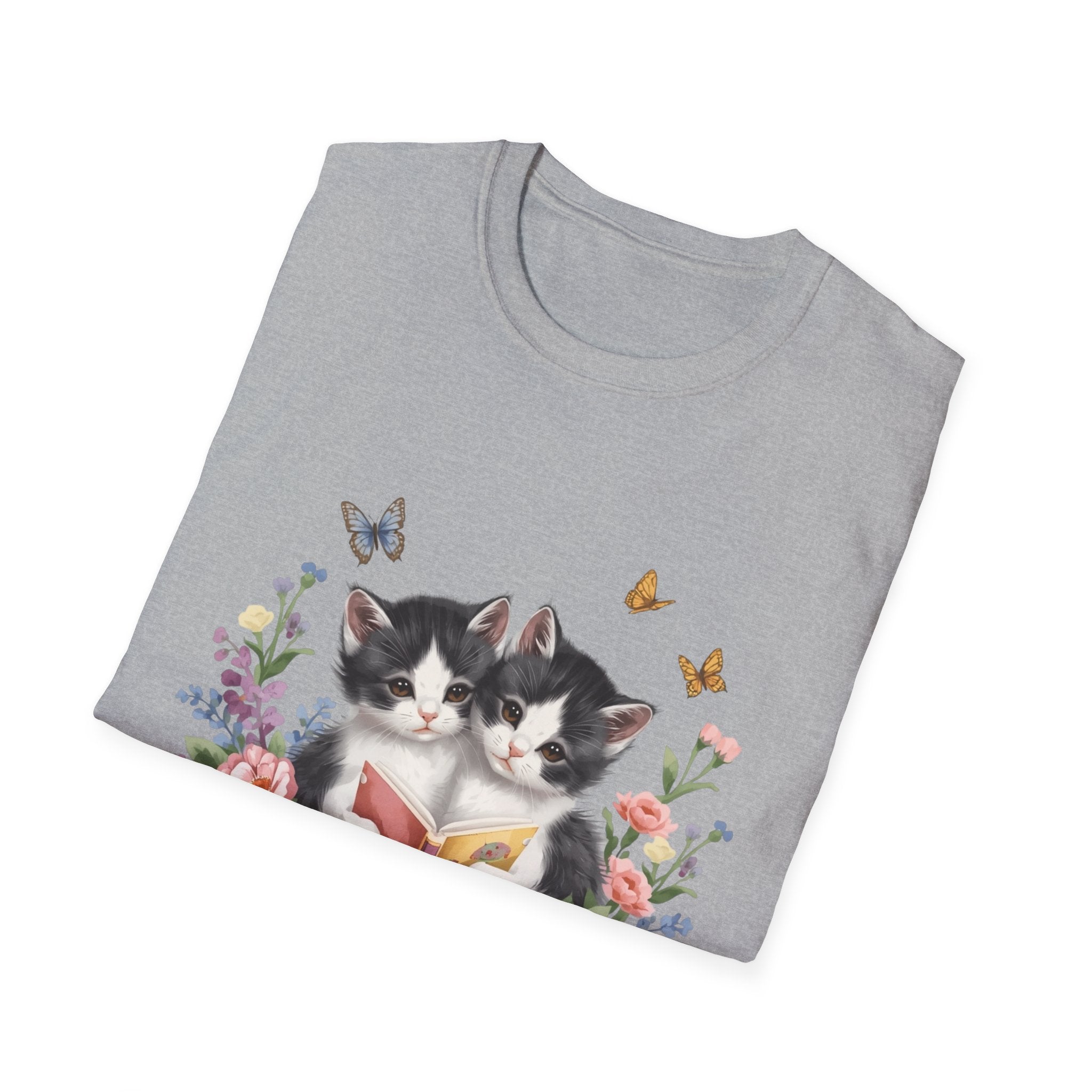 Cute Kitten Floral T-Shirt — Twin Cats with Ribbon & Butterflies