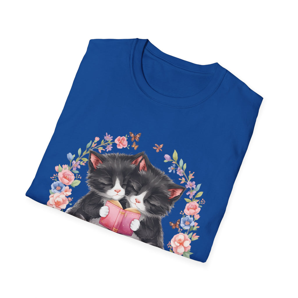 Cat Kittens Floral Wreath T-Shirt — Cute Twins with Gift & Bow