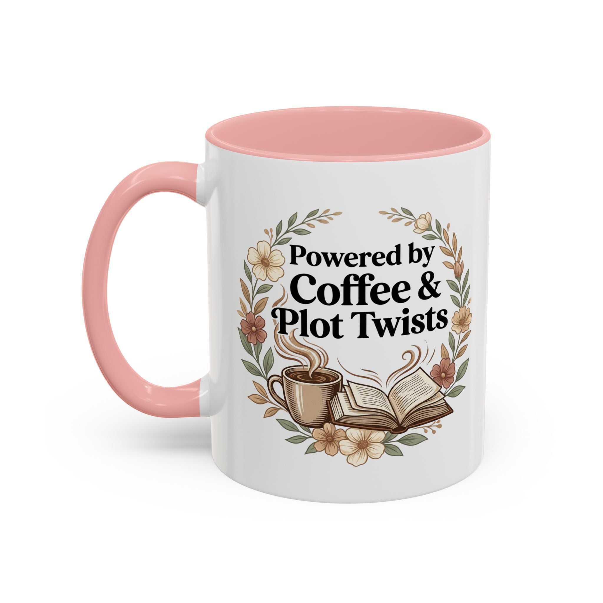 Coffee Mug — “Powered by Coffee & Plot Twists” Floral Book Lover Mug (11/15oz)