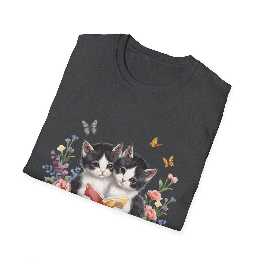 Cute Kitten Floral T-Shirt — Twin Cats with Ribbon & Butterflies