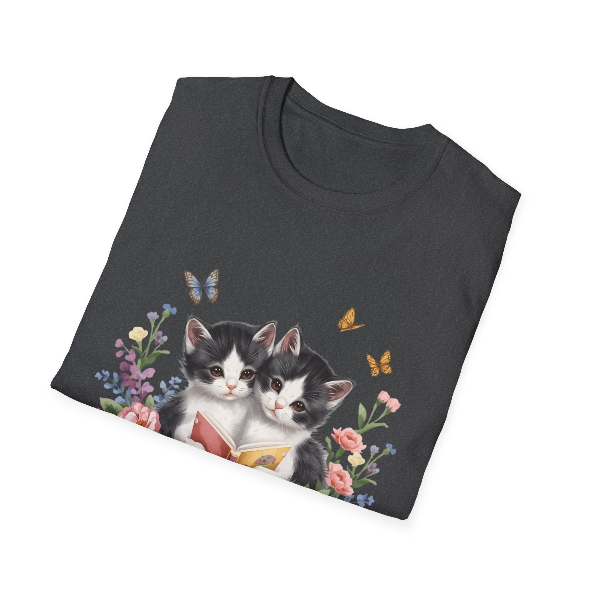 Cute Kitten Floral T-Shirt — Twin Cats with Ribbon & Butterflies