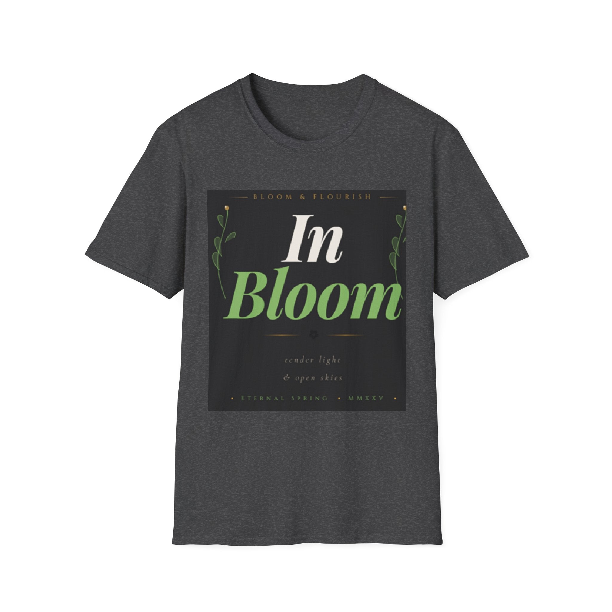 In Bloom T-Shirt — Botanical Graphic Tee with Green Lettering