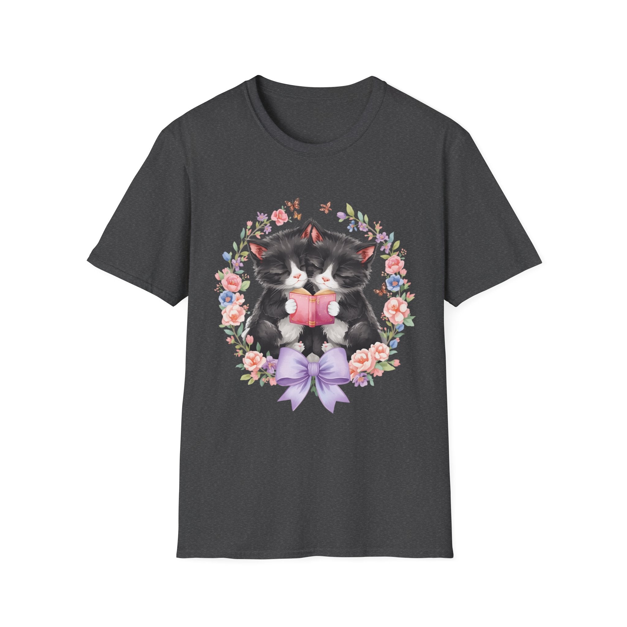 Cat Kittens Floral Wreath T-Shirt — Cute Twins with Gift & Bow