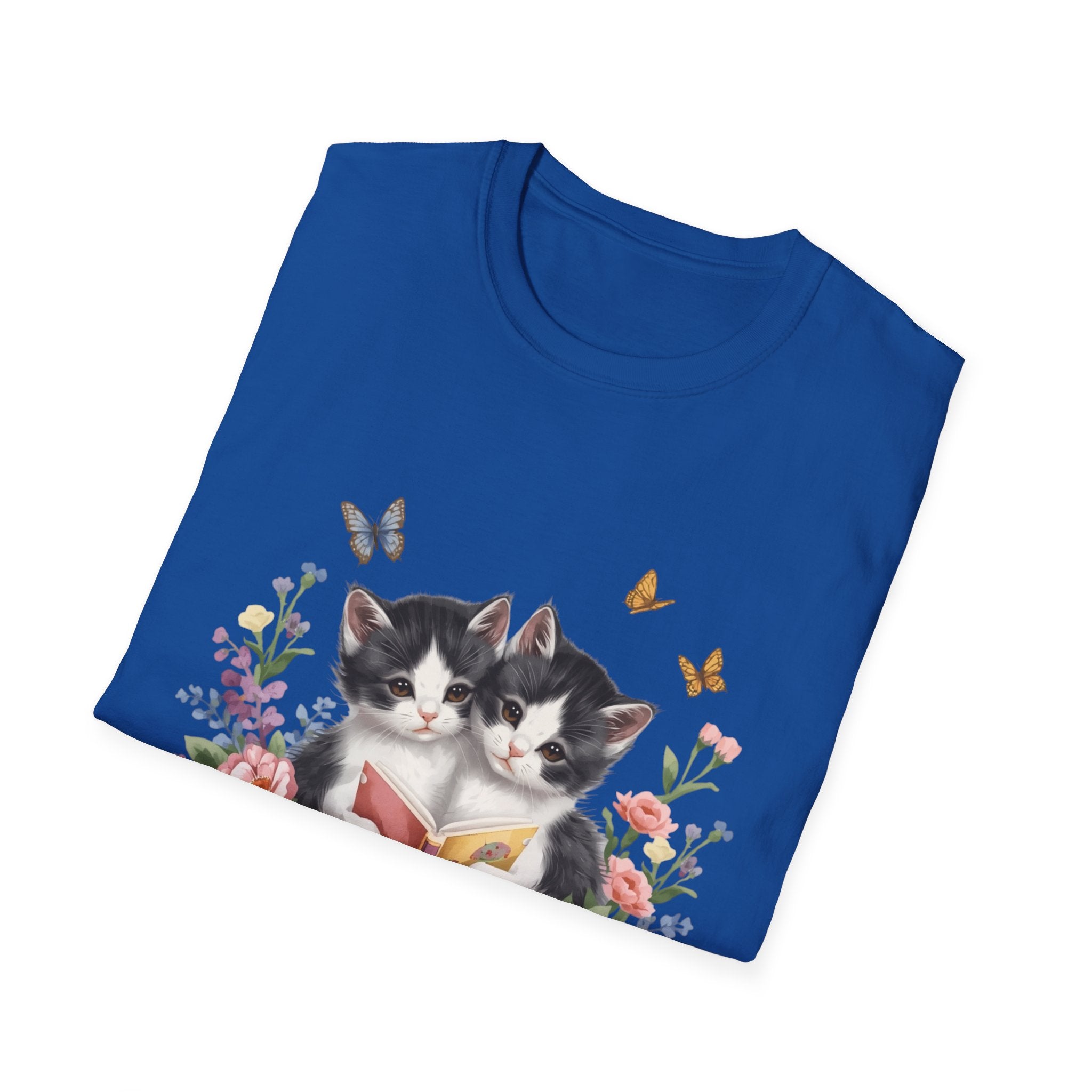 Cute Kitten Floral T-Shirt — Twin Cats with Ribbon & Butterflies