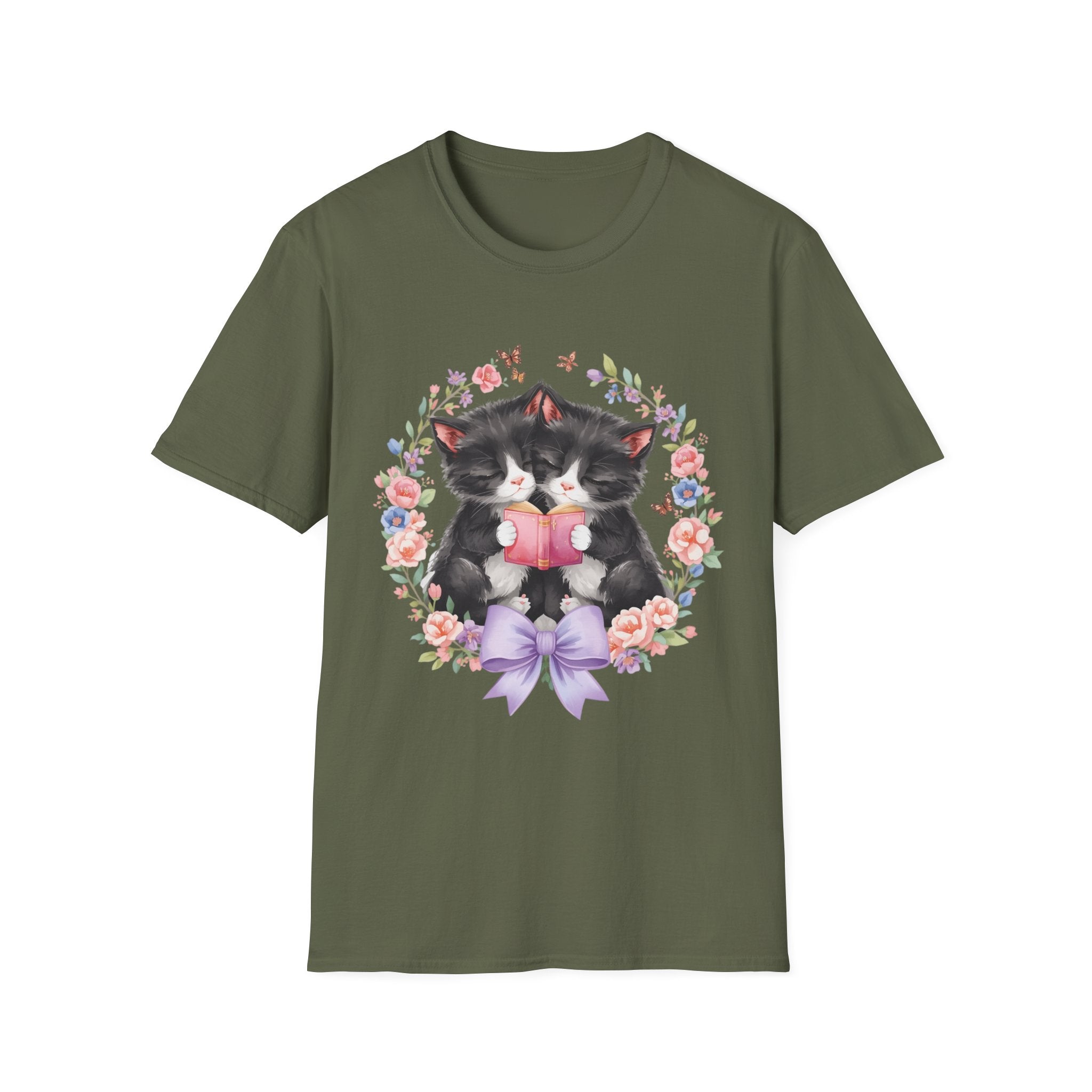 Cat Kittens Floral Wreath T-Shirt — Cute Twins with Gift & Bow