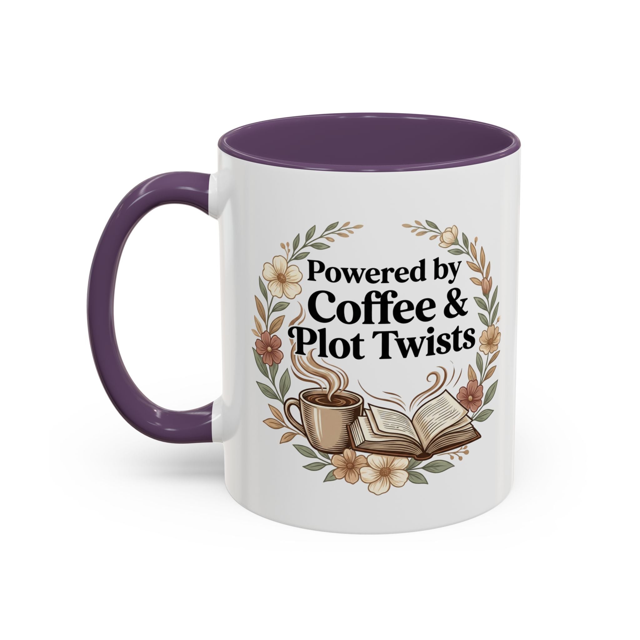 Coffee Mug — “Powered by Coffee & Plot Twists” Floral Book Lover Mug (11/15oz)
