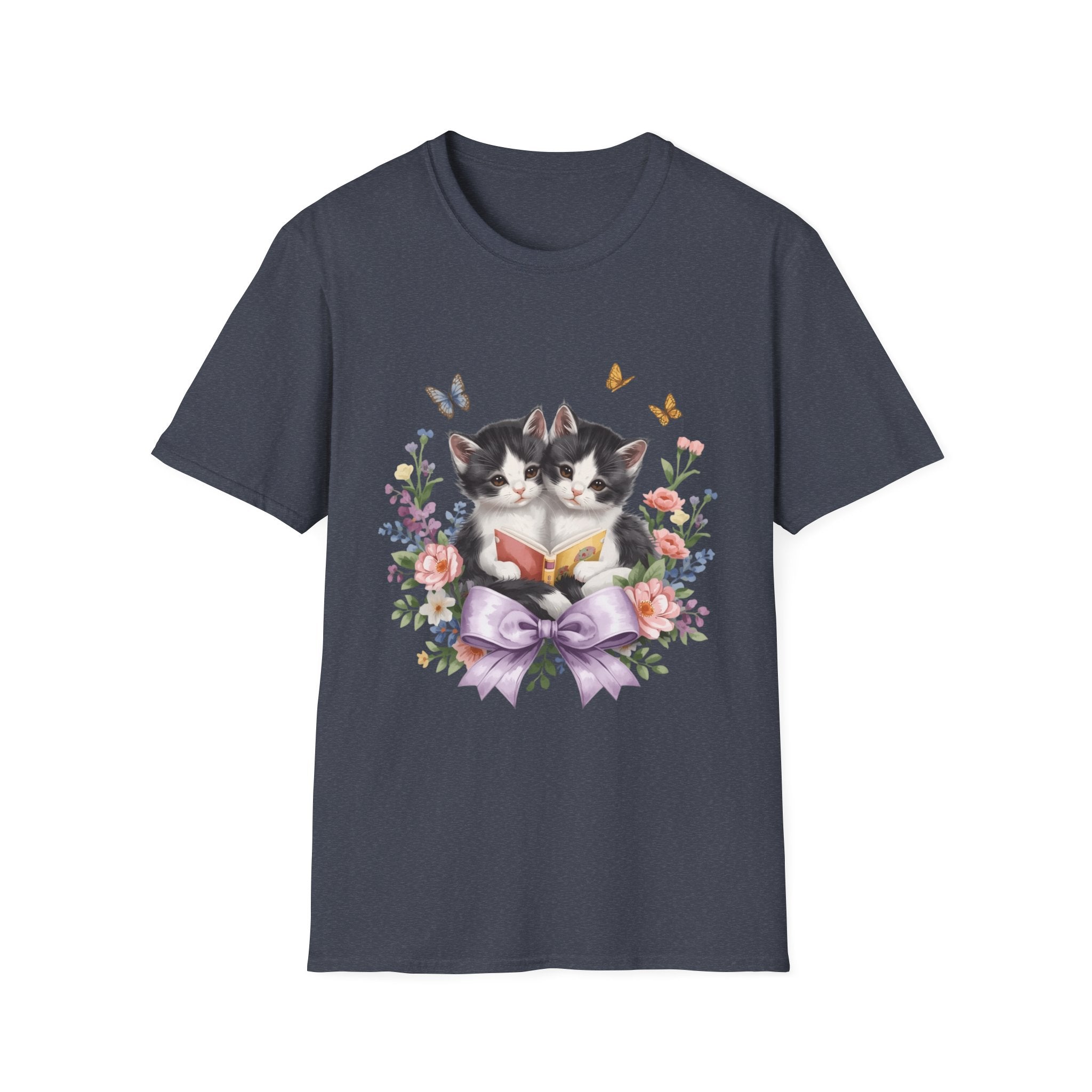 Cute Kitten Floral T-Shirt — Twin Cats with Ribbon & Butterflies