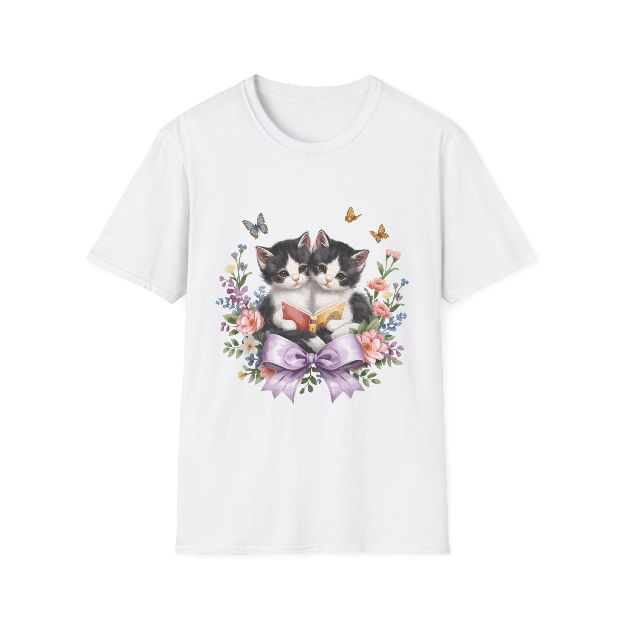 Cute Kitten Floral T-Shirt — Twin Cats with Ribbon & Butterflies