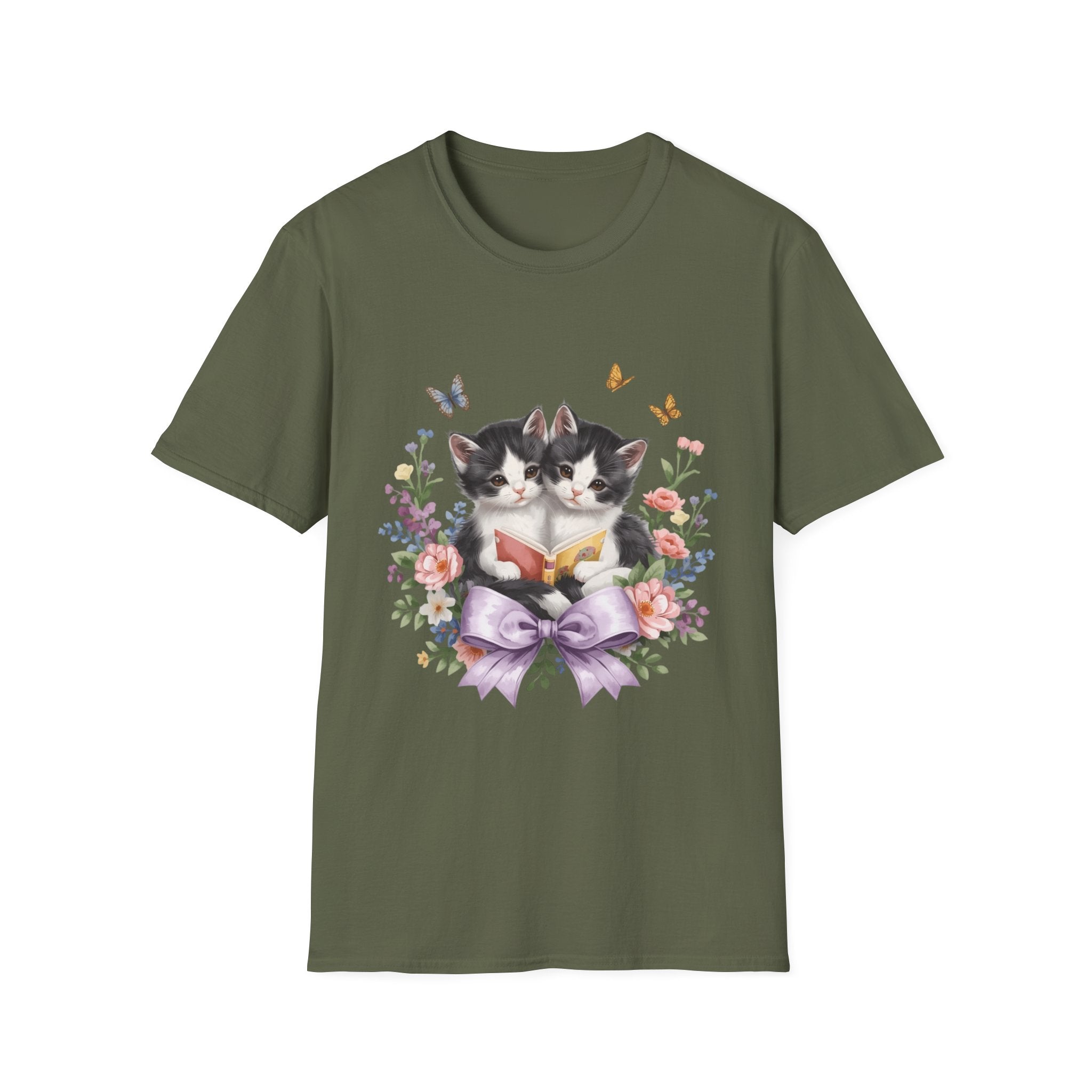 Cute Kitten Floral T-Shirt — Twin Cats with Ribbon & Butterflies