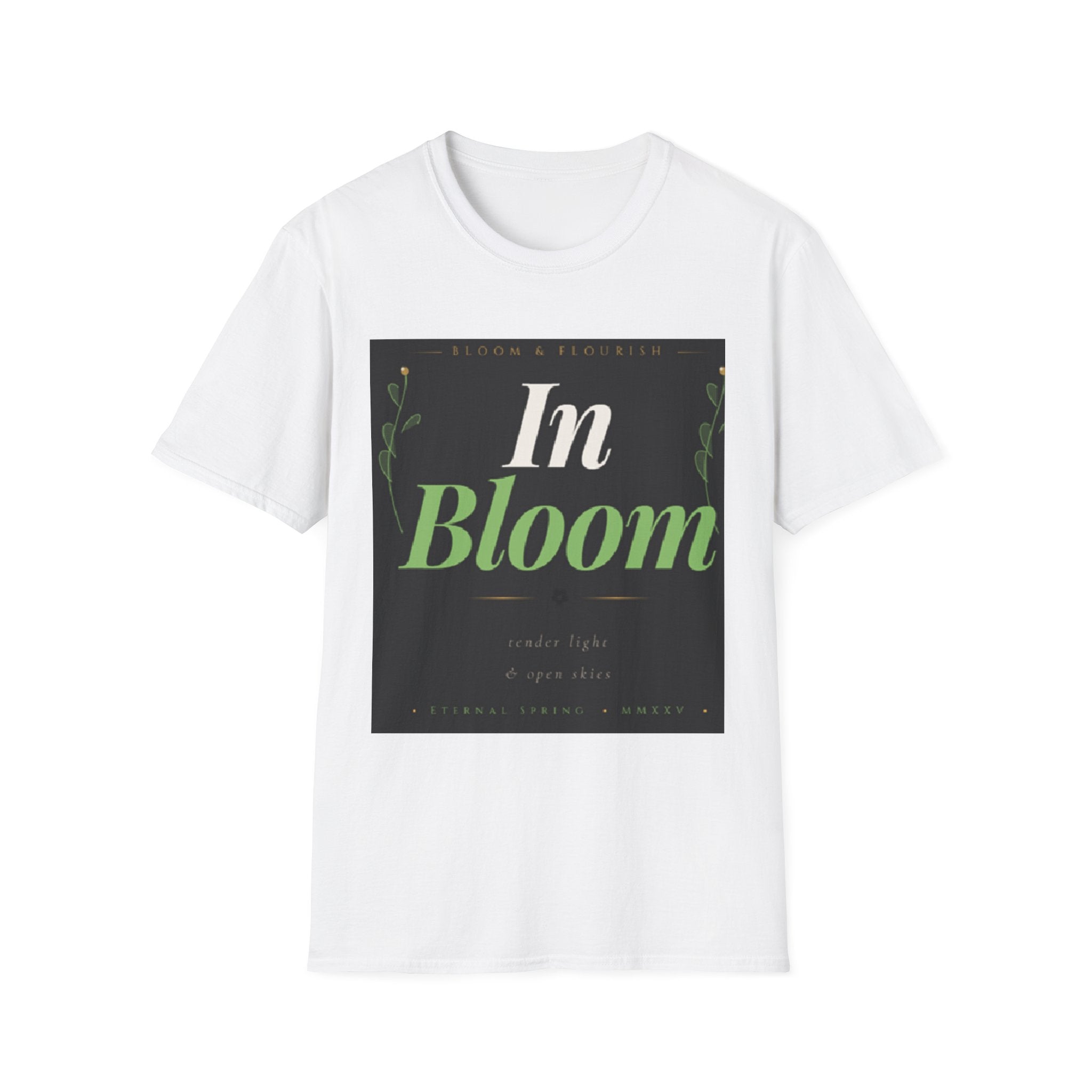 In Bloom T-Shirt — Botanical Graphic Tee with Green Lettering