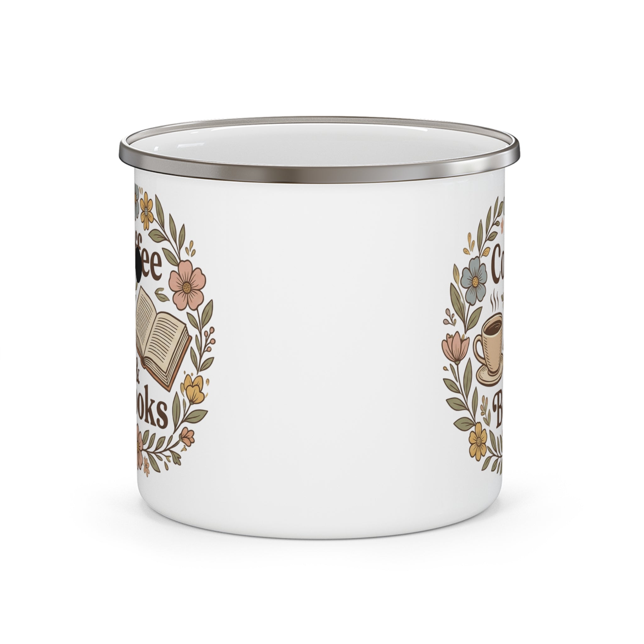 Enamel Mug — "Coffee & Books" Floral Camp Cup