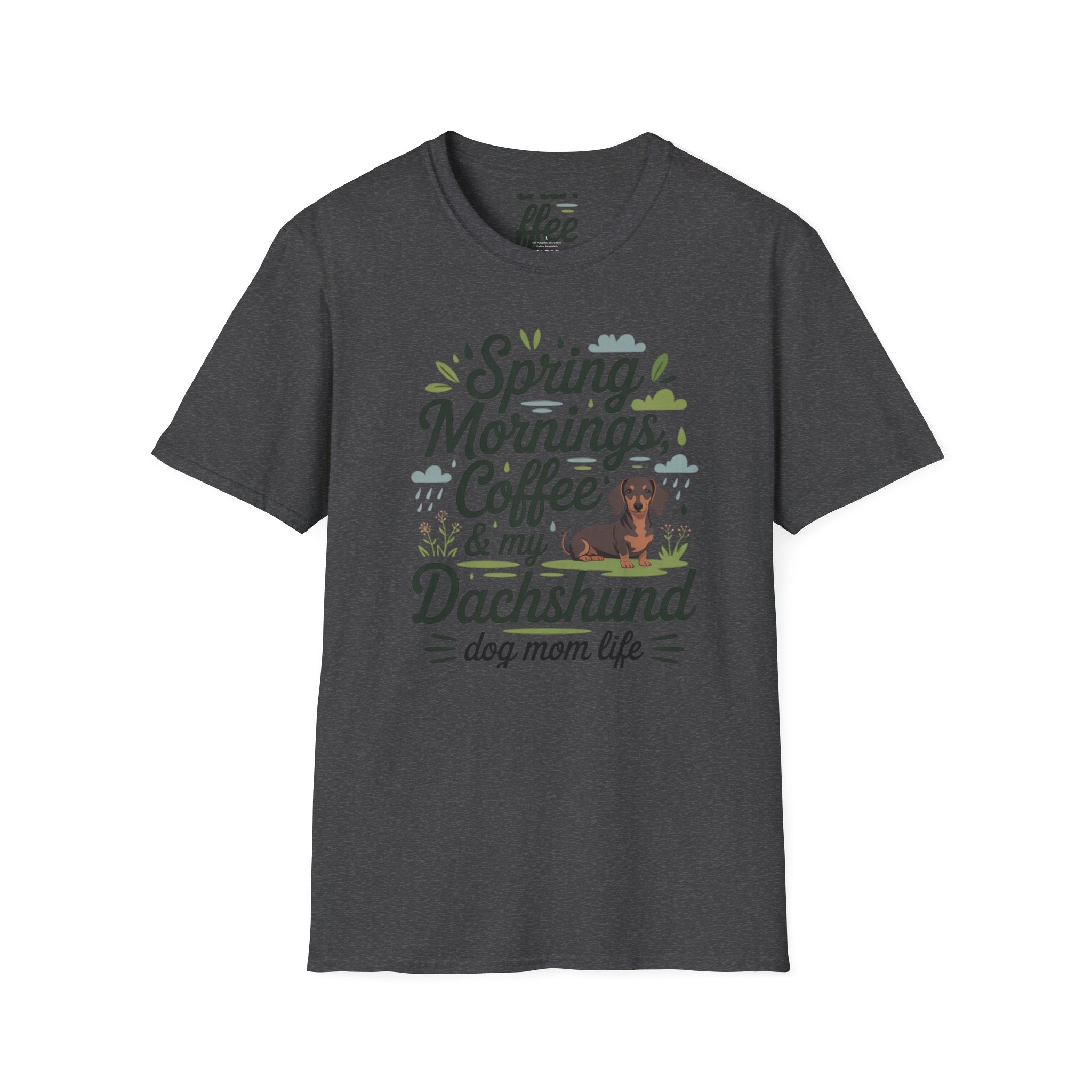 Dachshund Dog Mom T-Shirt — "Spring Mornings, Coffee & My Dachshund"