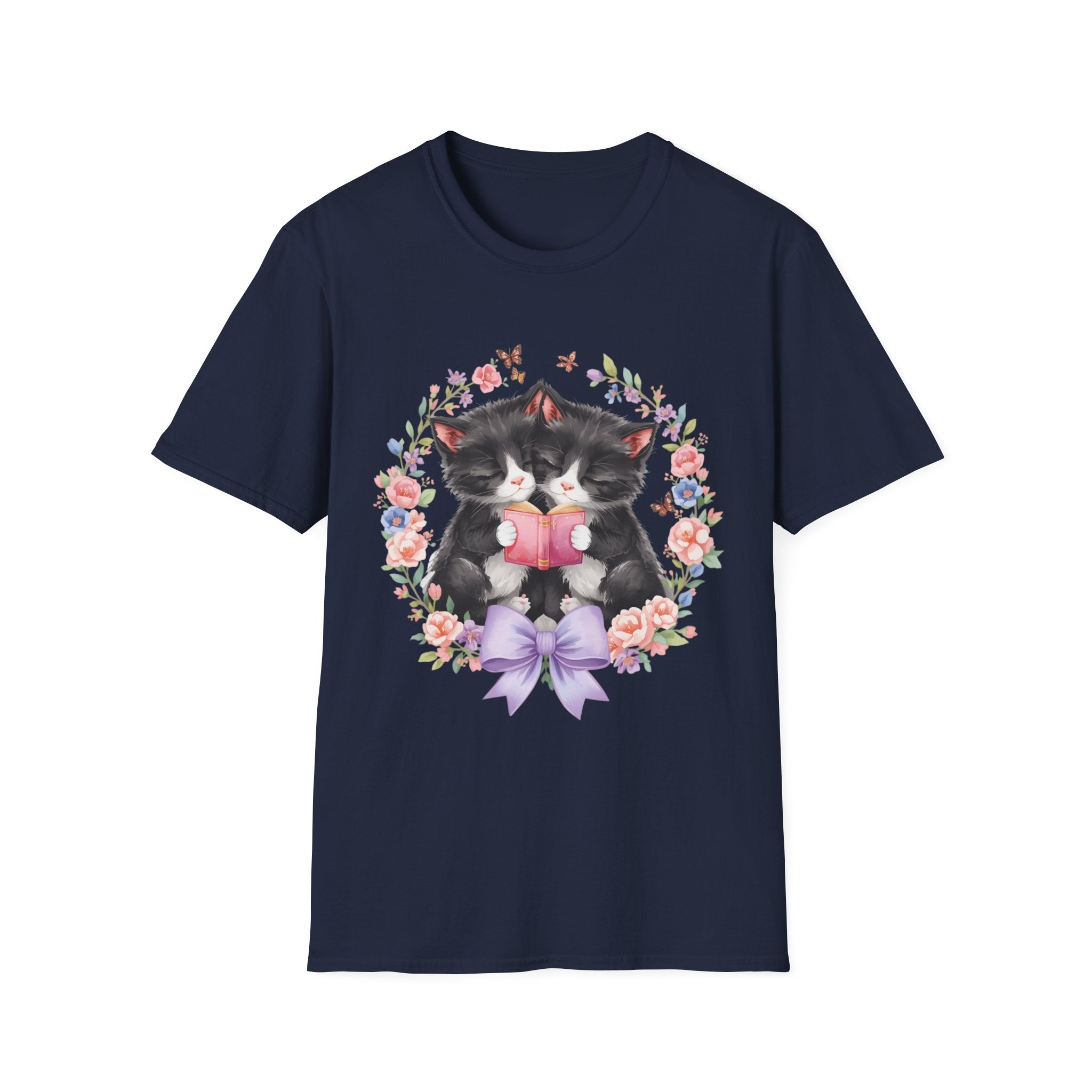 Cat Kittens Floral Wreath T-Shirt — Cute Twins with Gift & Bow