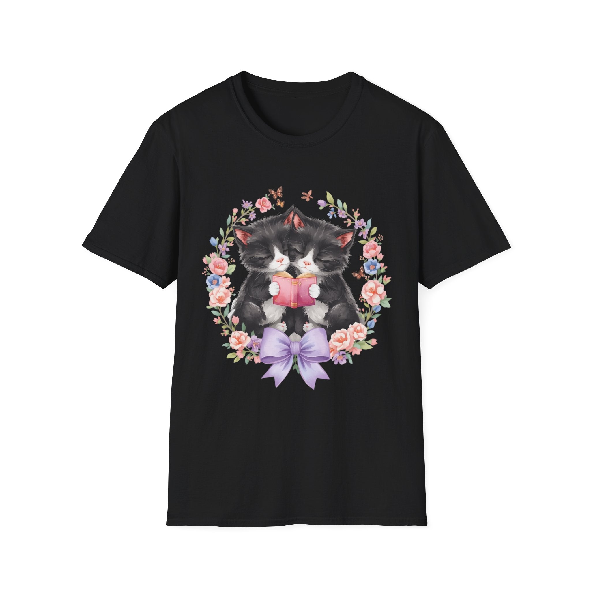Cat Kittens Floral Wreath T-Shirt — Cute Twins with Gift & Bow
