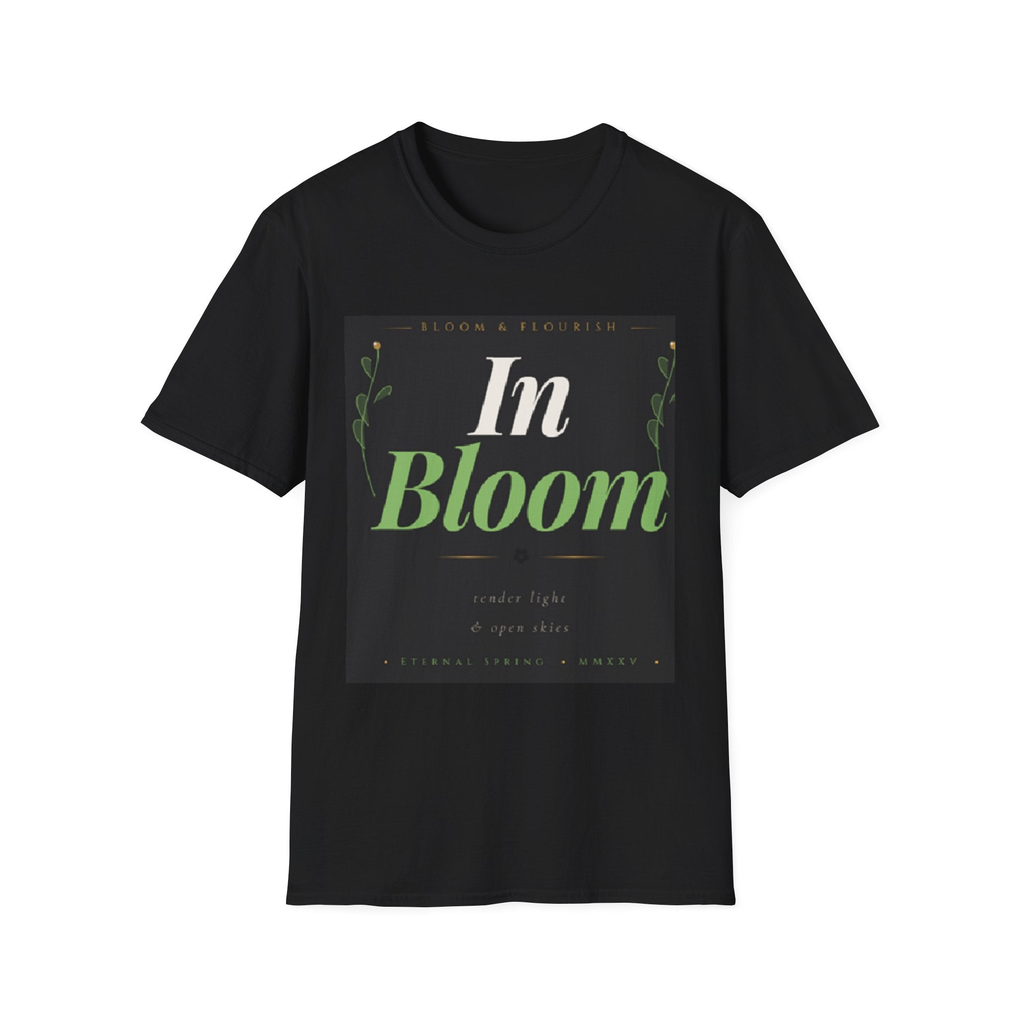 In Bloom T-Shirt — Botanical Graphic Tee with Green Lettering