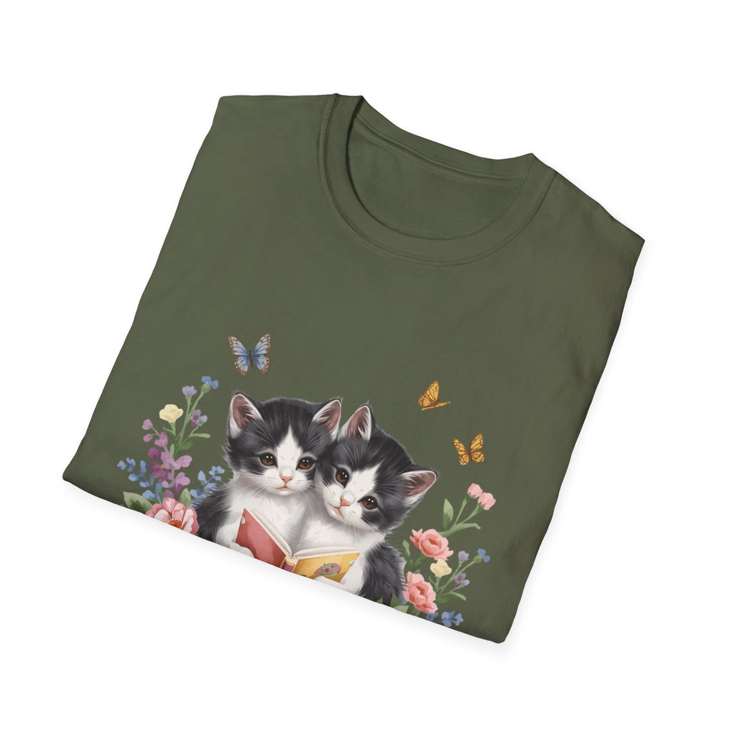 Cute Kitten Floral T-Shirt — Twin Cats with Ribbon & Butterflies