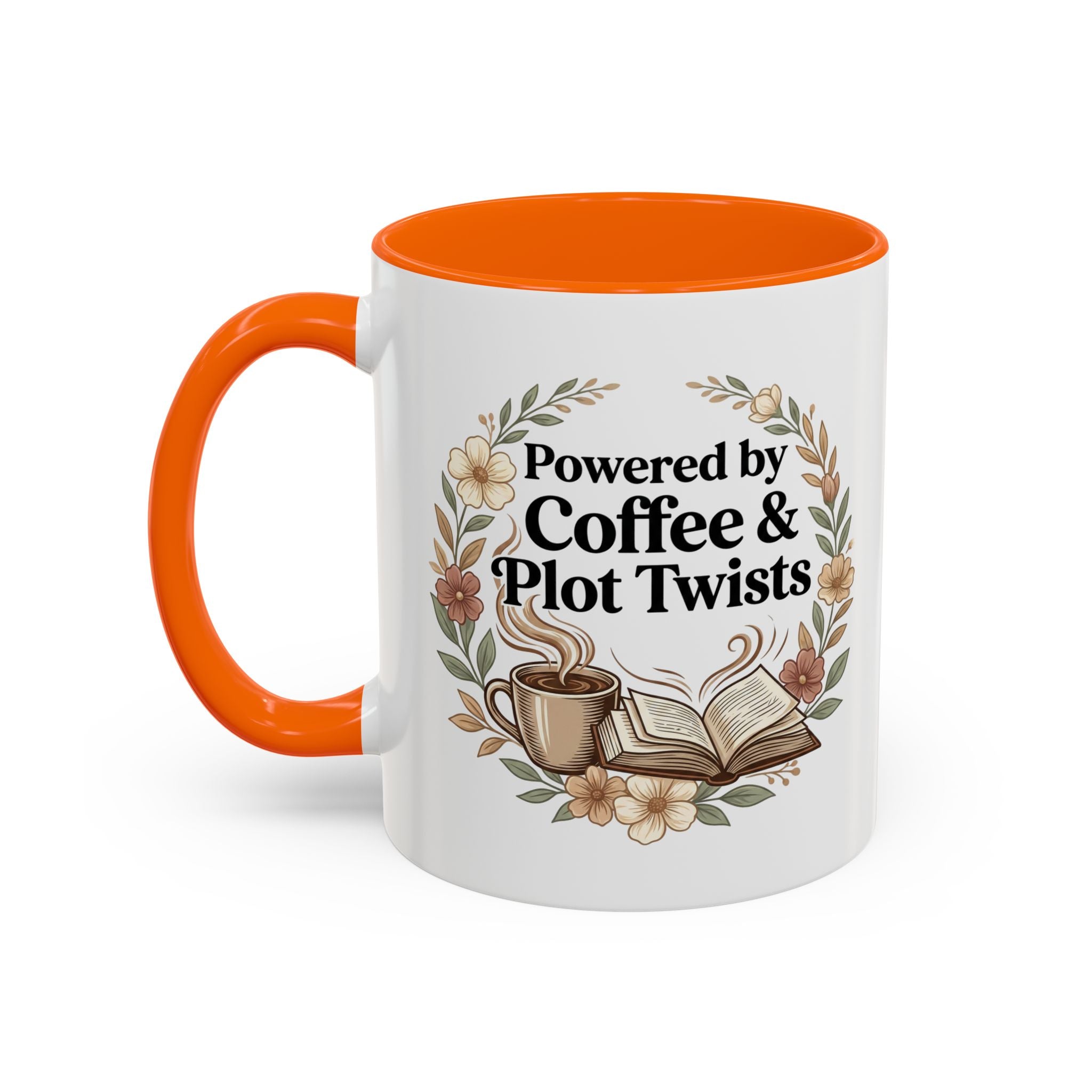 Coffee Mug — “Powered by Coffee & Plot Twists” Floral Book Lover Mug (11/15oz)
