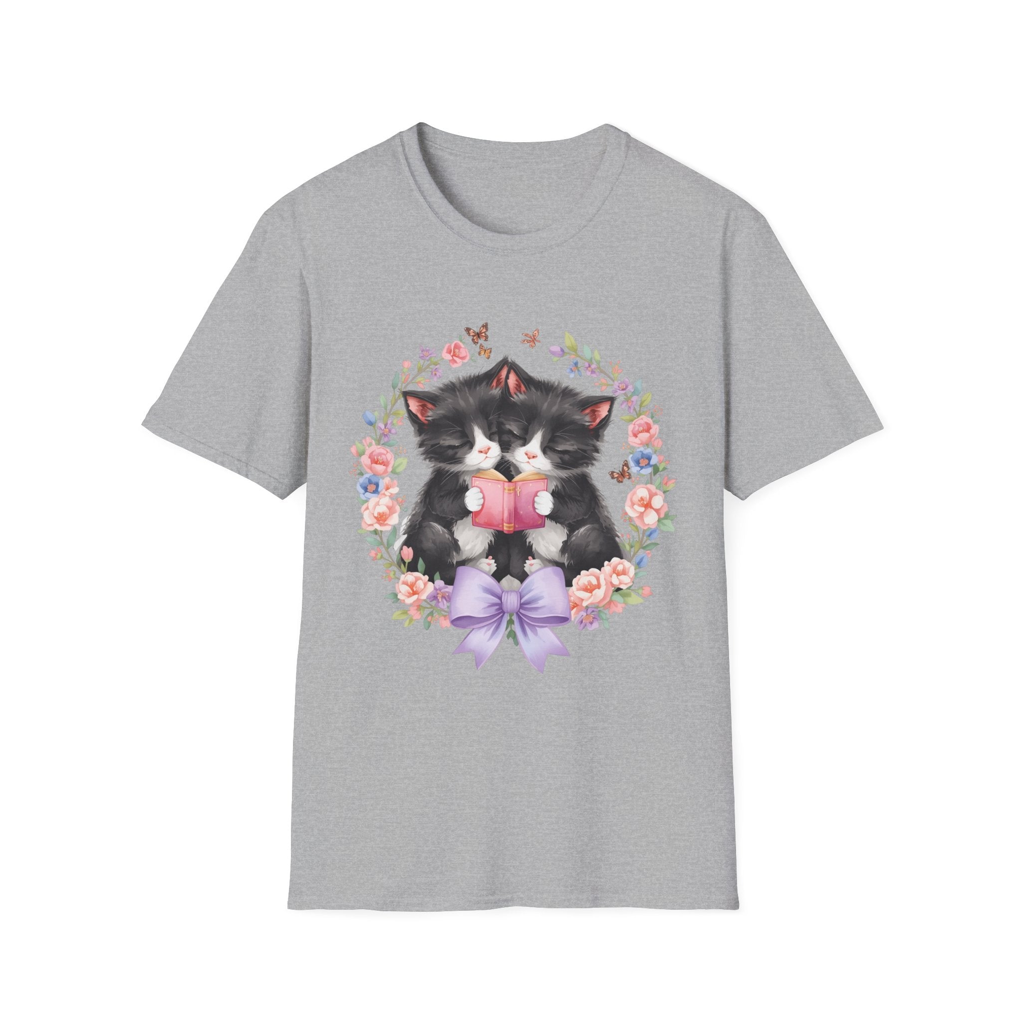 Cat Kittens Floral Wreath T-Shirt — Cute Twins with Gift & Bow