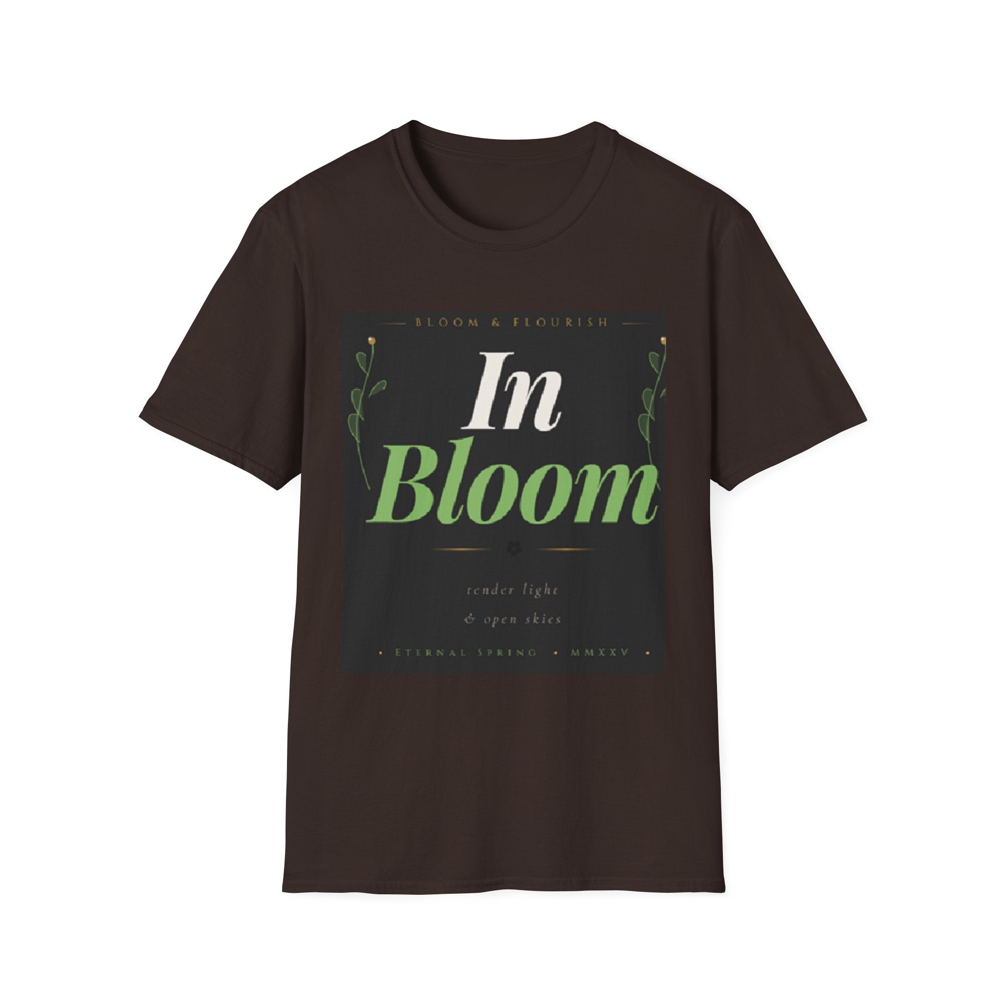 In Bloom T-Shirt — Botanical Graphic Tee with Green Lettering