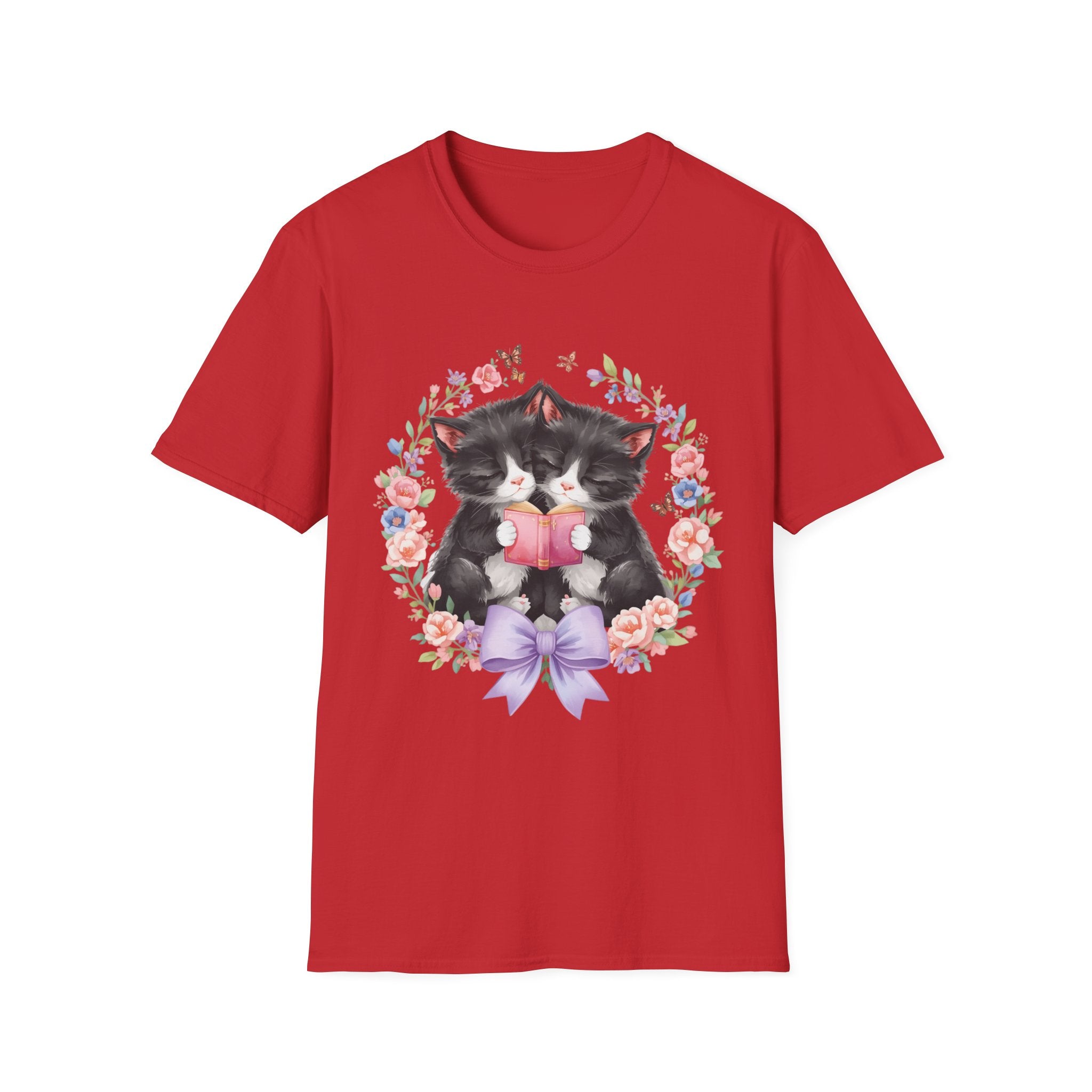 Cat Kittens Floral Wreath T-Shirt — Cute Twins with Gift & Bow