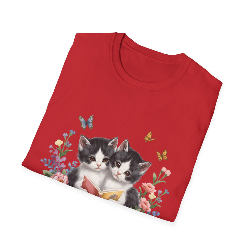 Cute Kitten Floral T-Shirt — Twin Cats with Ribbon & Butterflies