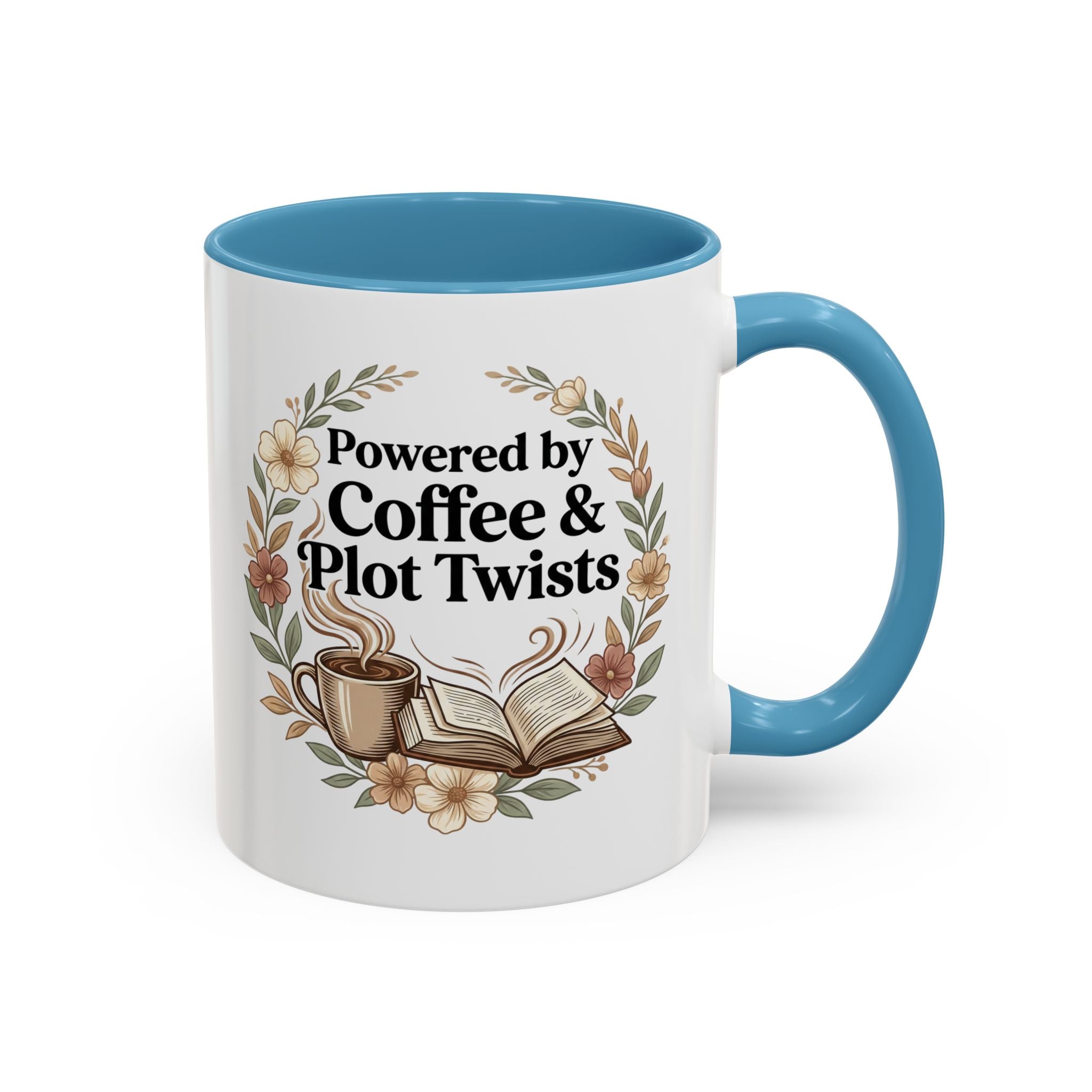 Coffee Mug — “Powered by Coffee & Plot Twists” Floral Book Lover Mug (11/15oz)
