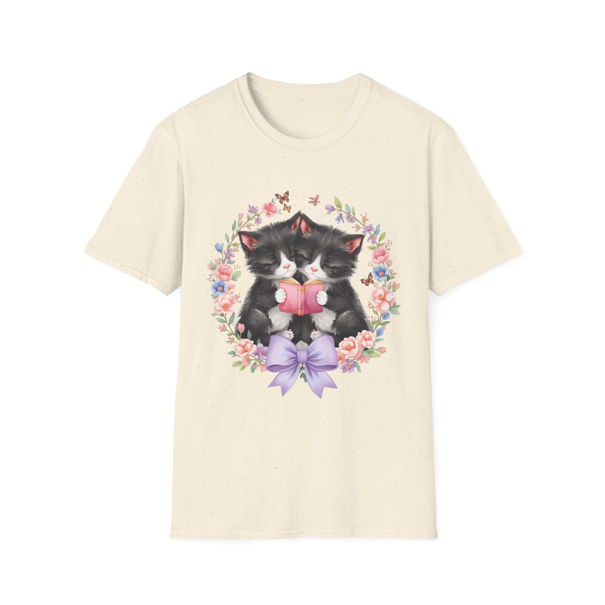 Cat Kittens Floral Wreath T-Shirt — Cute Twins with Gift & Bow