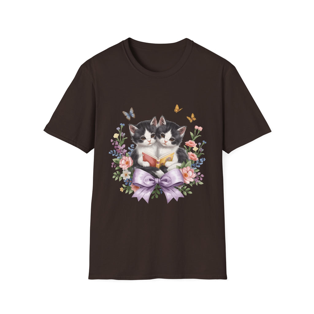 Cute Kitten Floral T-Shirt — Twin Cats with Ribbon & Butterflies