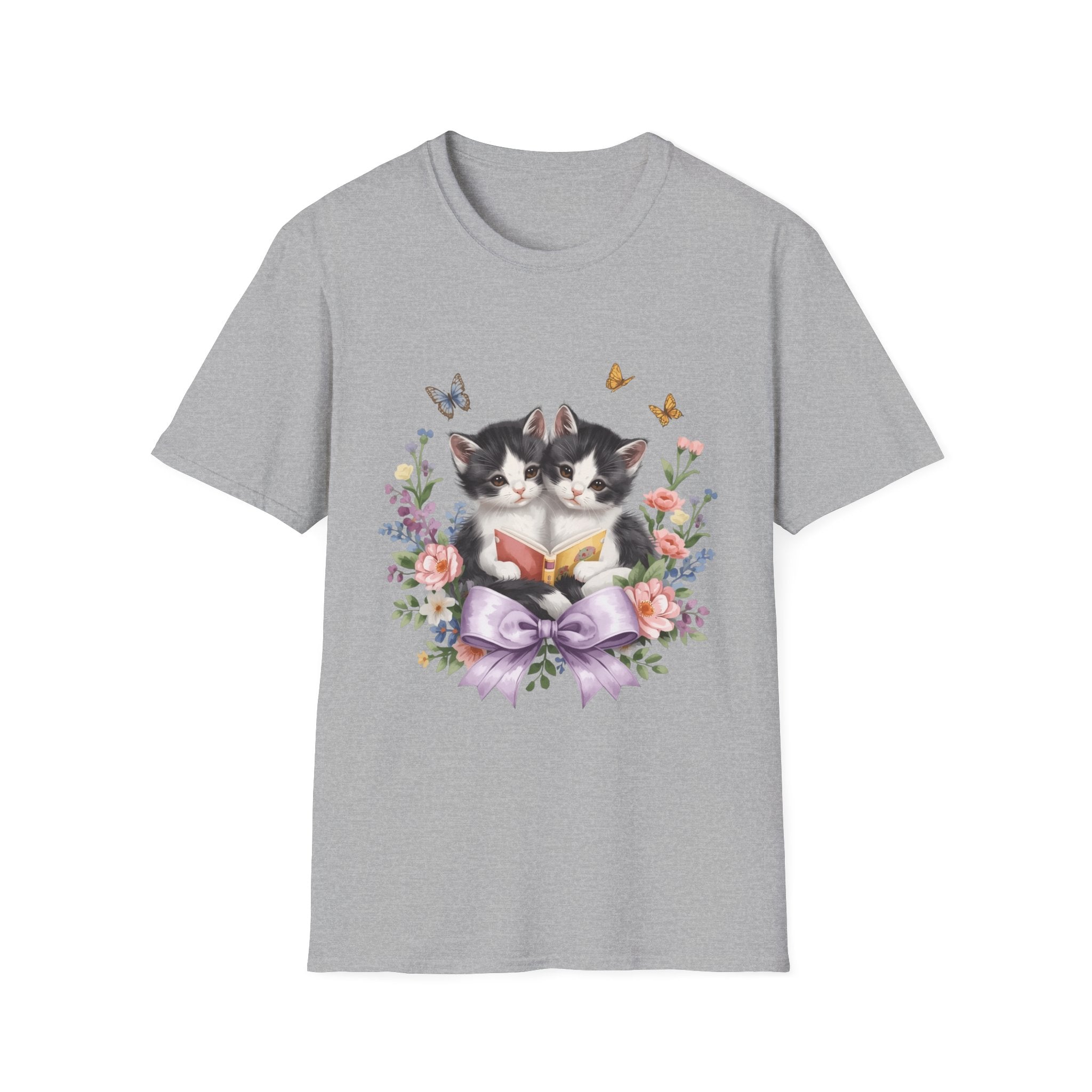 Cute Kitten Floral T-Shirt — Twin Cats with Ribbon & Butterflies