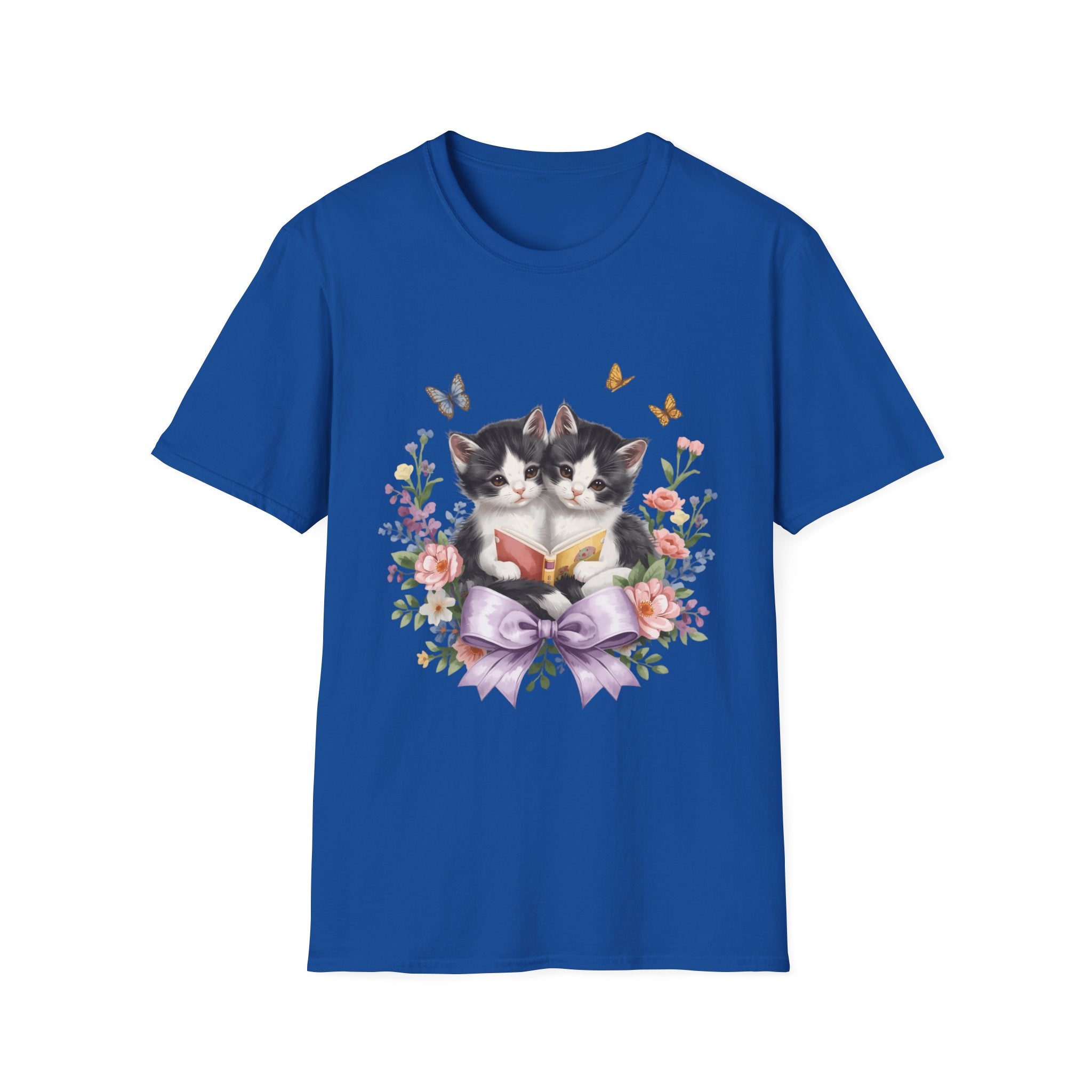 Cute Kitten Floral T-Shirt — Twin Cats with Ribbon & Butterflies