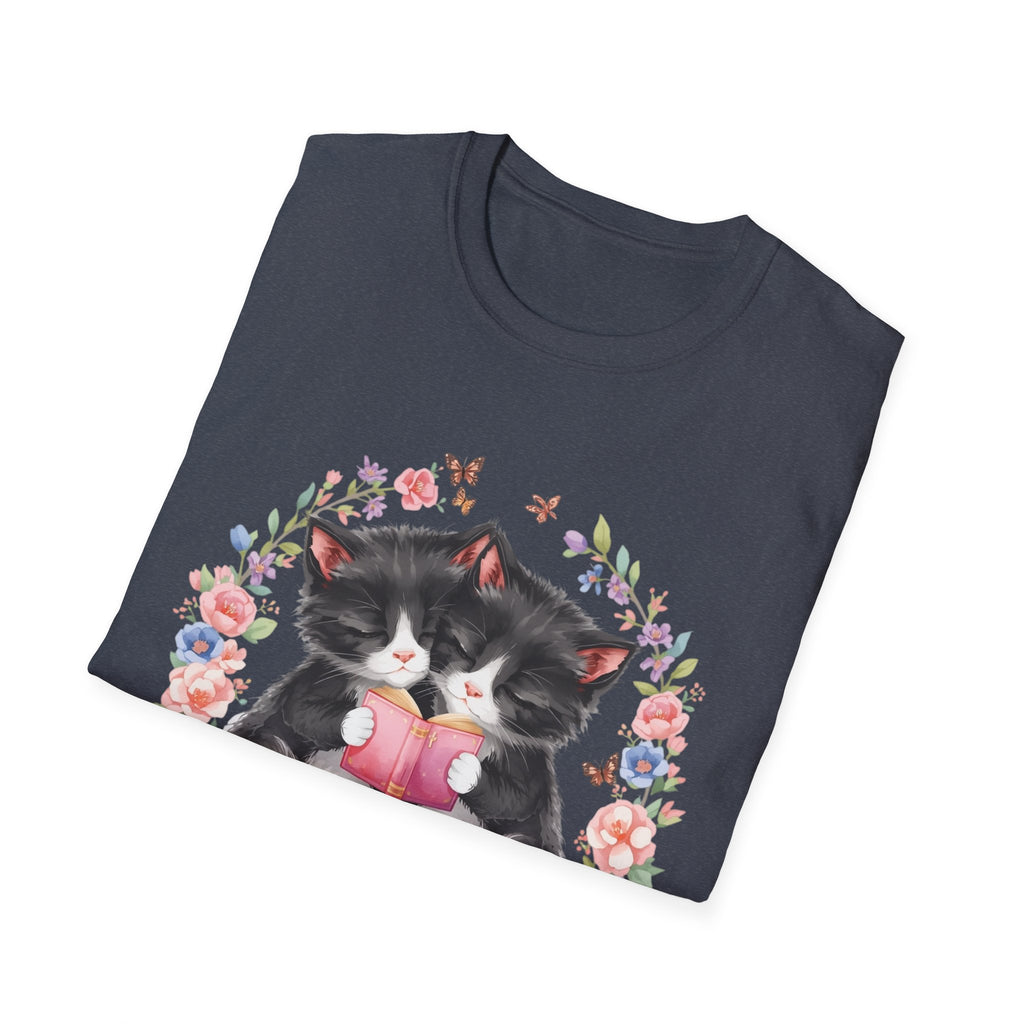Cat Kittens Floral Wreath T-Shirt — Cute Twins with Gift & Bow