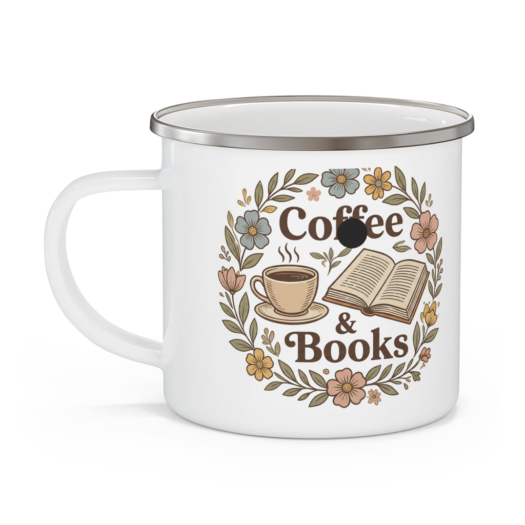 Enamel Mug — "Coffee & Books" Floral Camp Cup