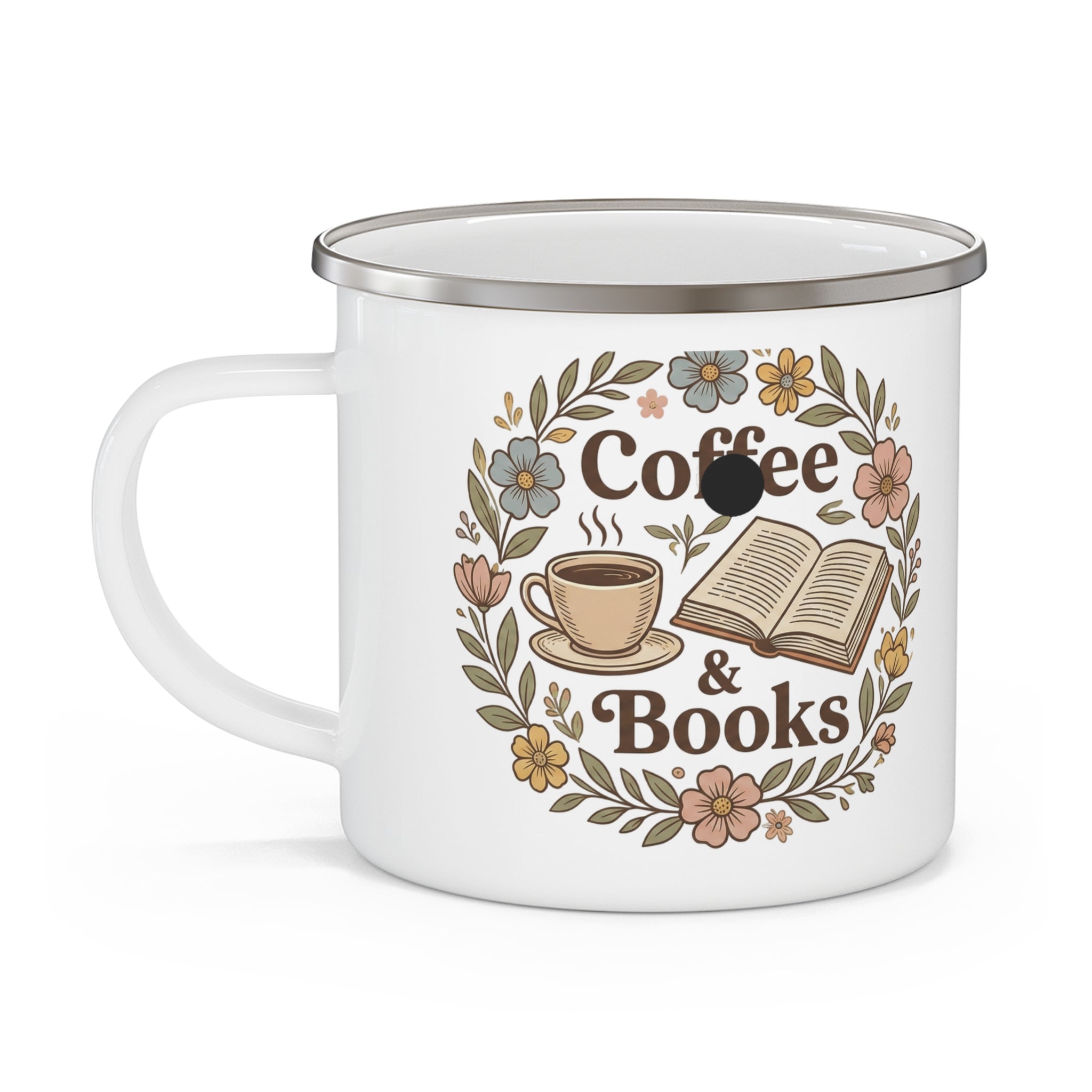 Enamel Mug — "Coffee & Books" Floral Camp Cup