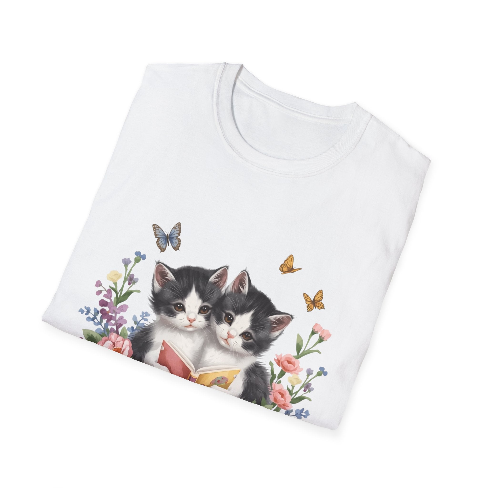 Cute Kitten Floral T-Shirt — Twin Cats with Ribbon & Butterflies