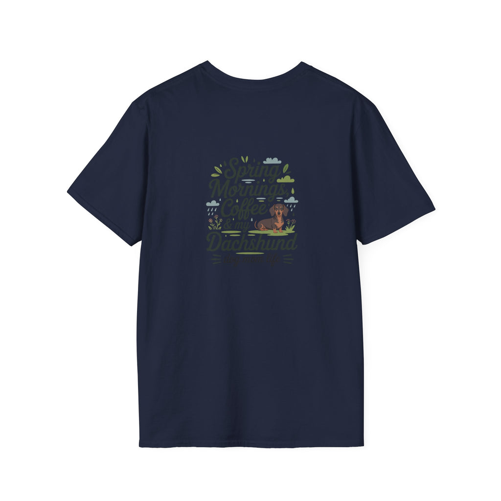 Dachshund Dog Mom T-Shirt — "Spring Mornings, Coffee & My Dachshund"