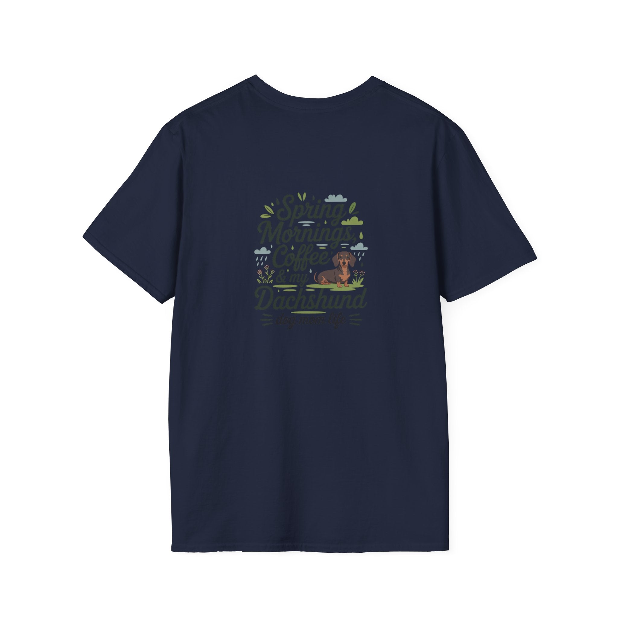 Dachshund Dog Mom T-Shirt — "Spring Mornings, Coffee & My Dachshund"