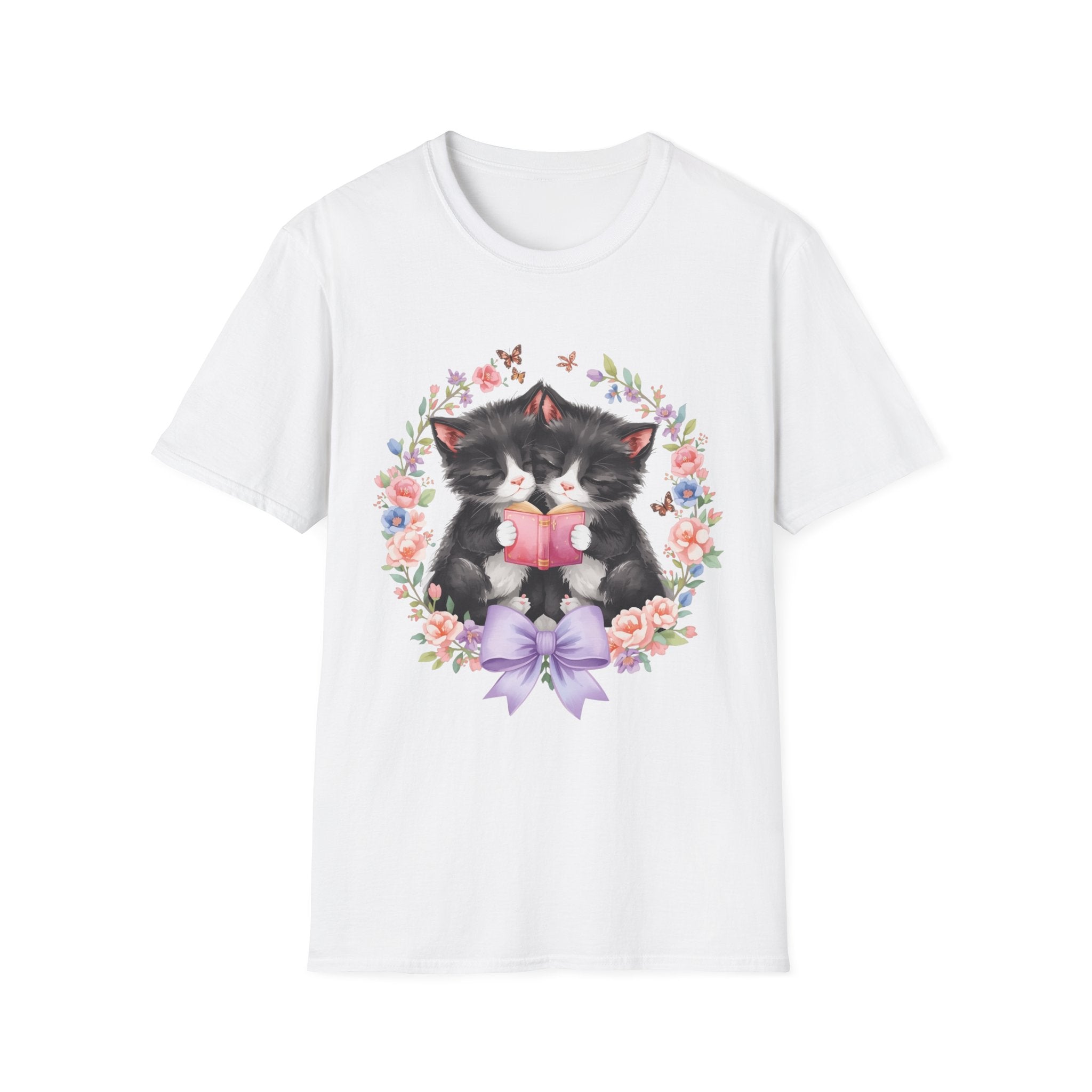 Cat Kittens Floral Wreath T-Shirt — Cute Twins with Gift & Bow