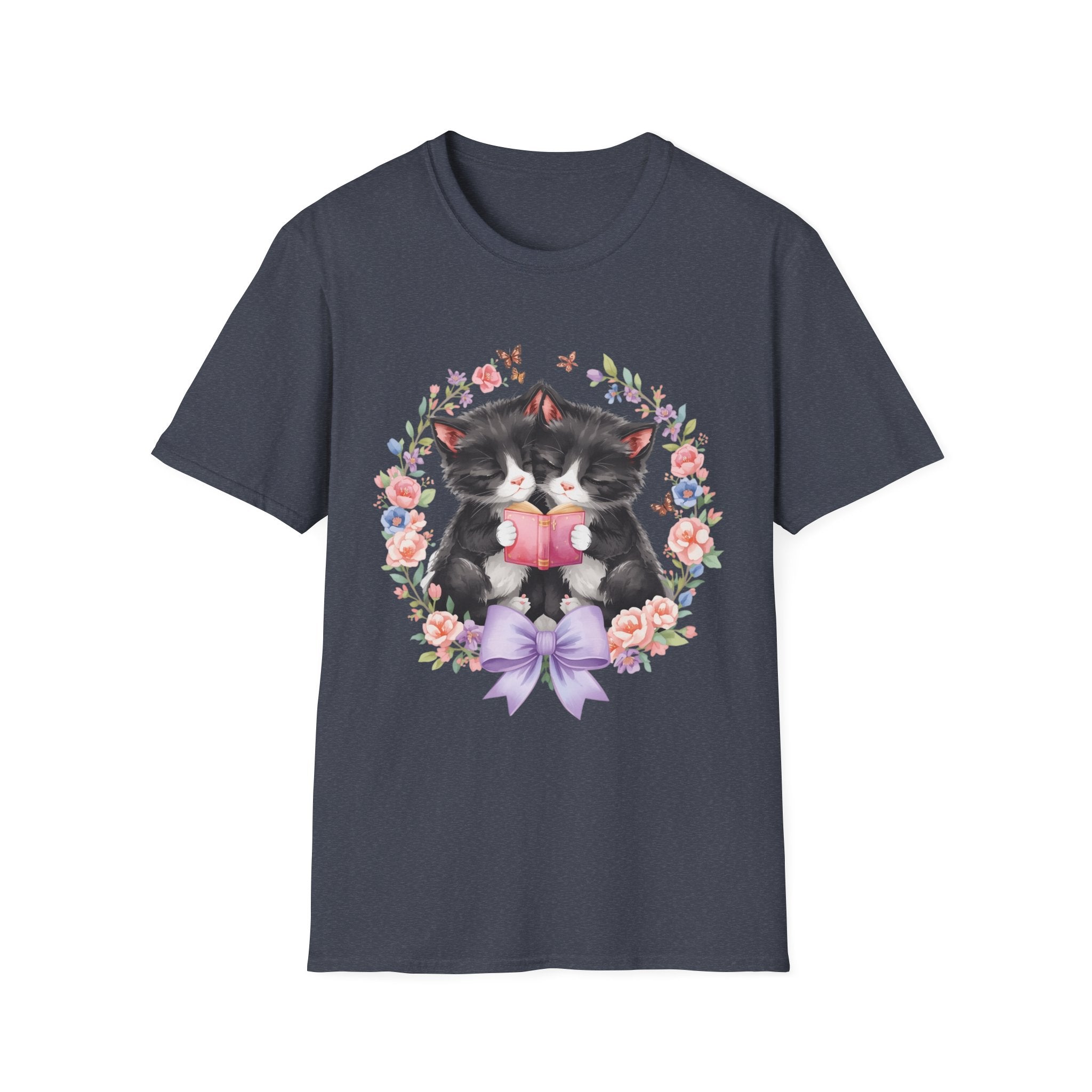 Cat Kittens Floral Wreath T-Shirt — Cute Twins with Gift & Bow