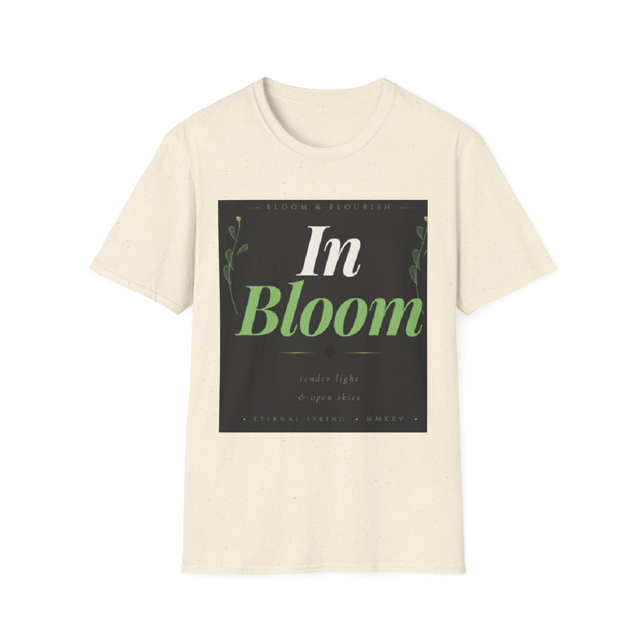 In Bloom T-Shirt — Botanical Graphic Tee with Green Lettering