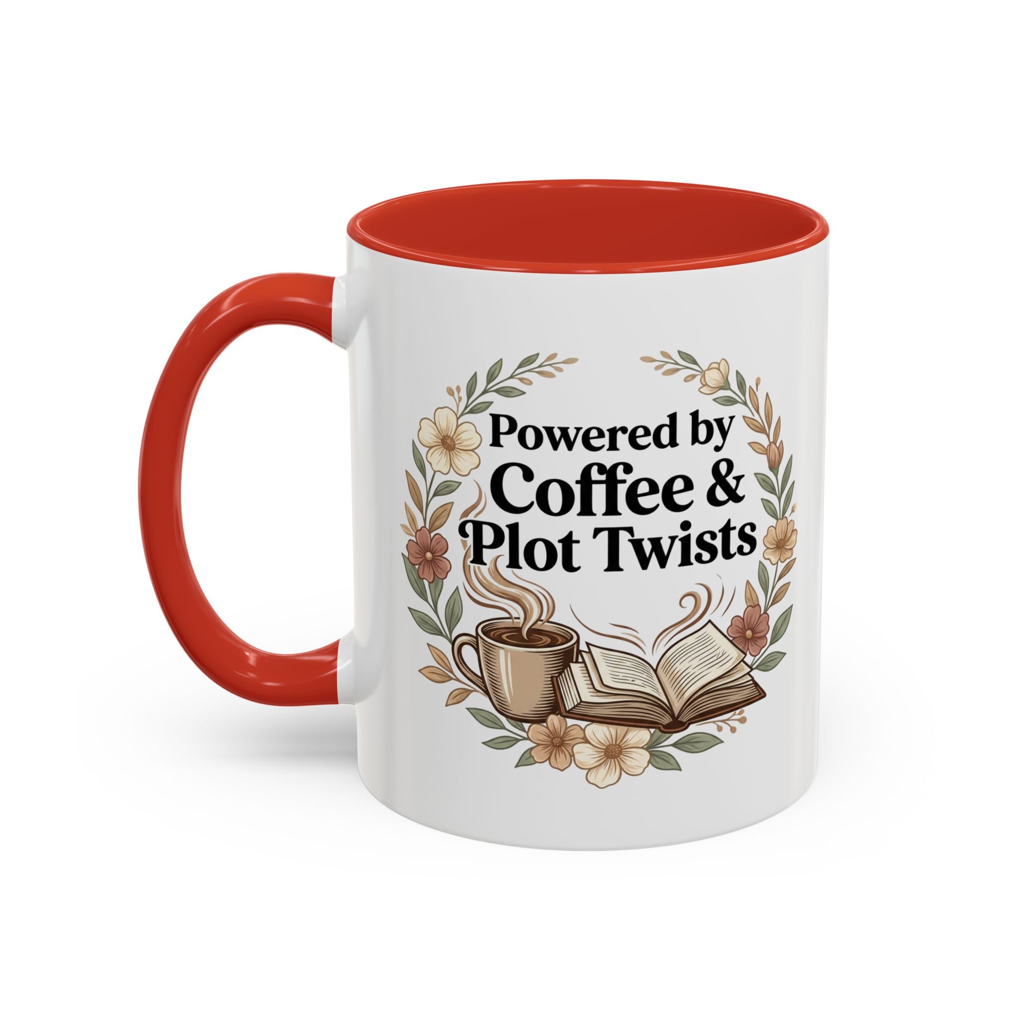 Coffee Mug — “Powered by Coffee & Plot Twists” Floral Book Lover Mug (11/15oz)