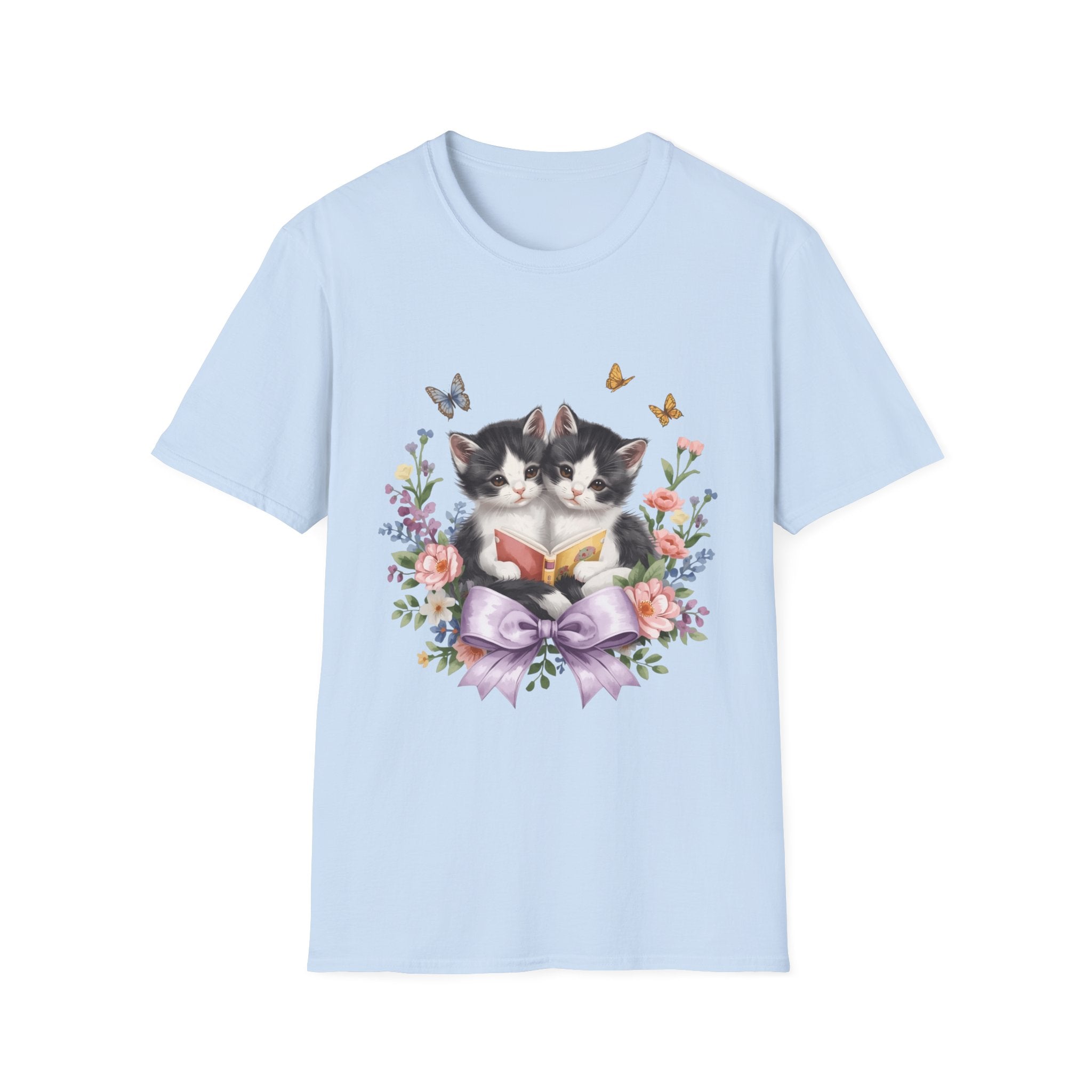 Cute Kitten Floral T-Shirt — Twin Cats with Ribbon & Butterflies