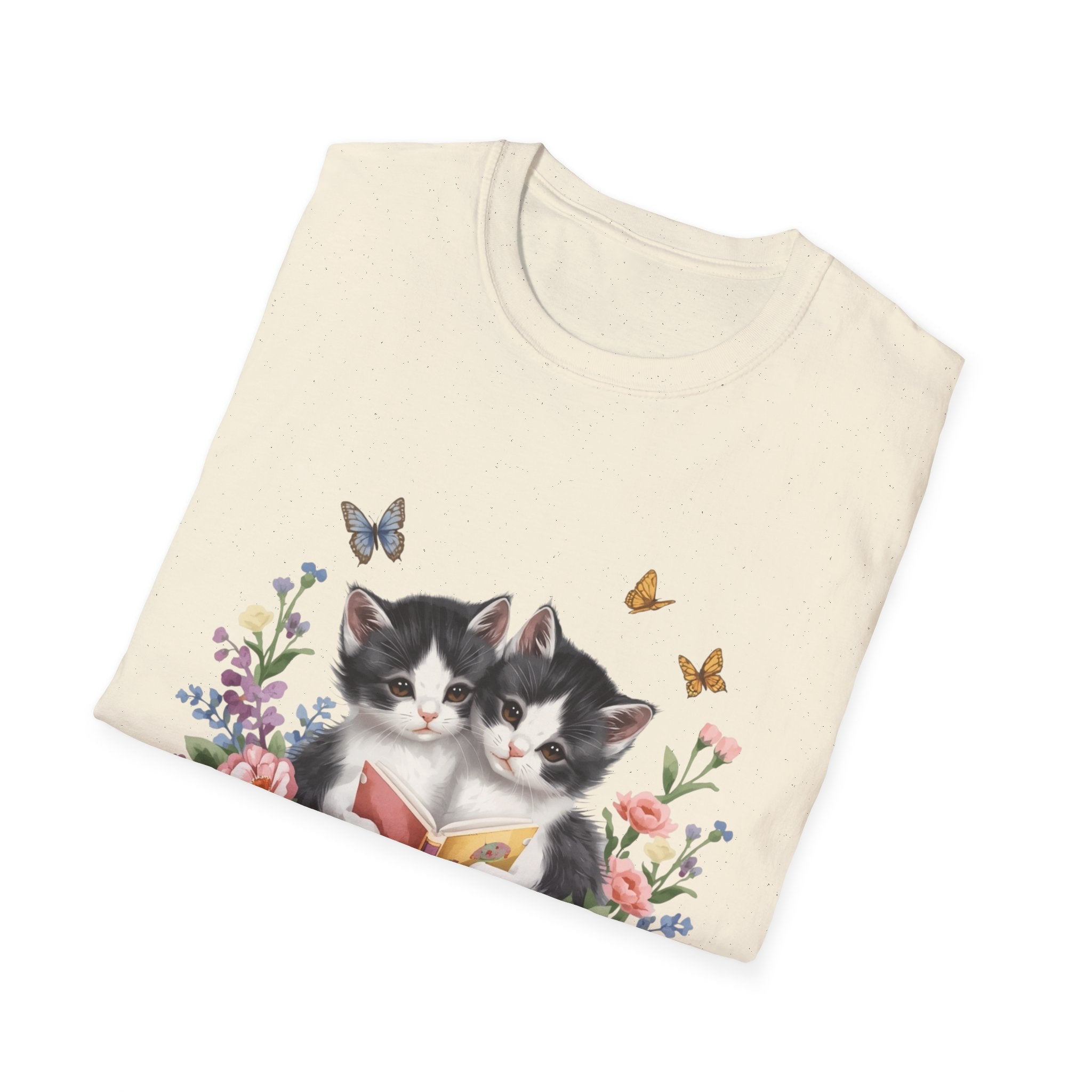 Cute Kitten Floral T-Shirt — Twin Cats with Ribbon & Butterflies