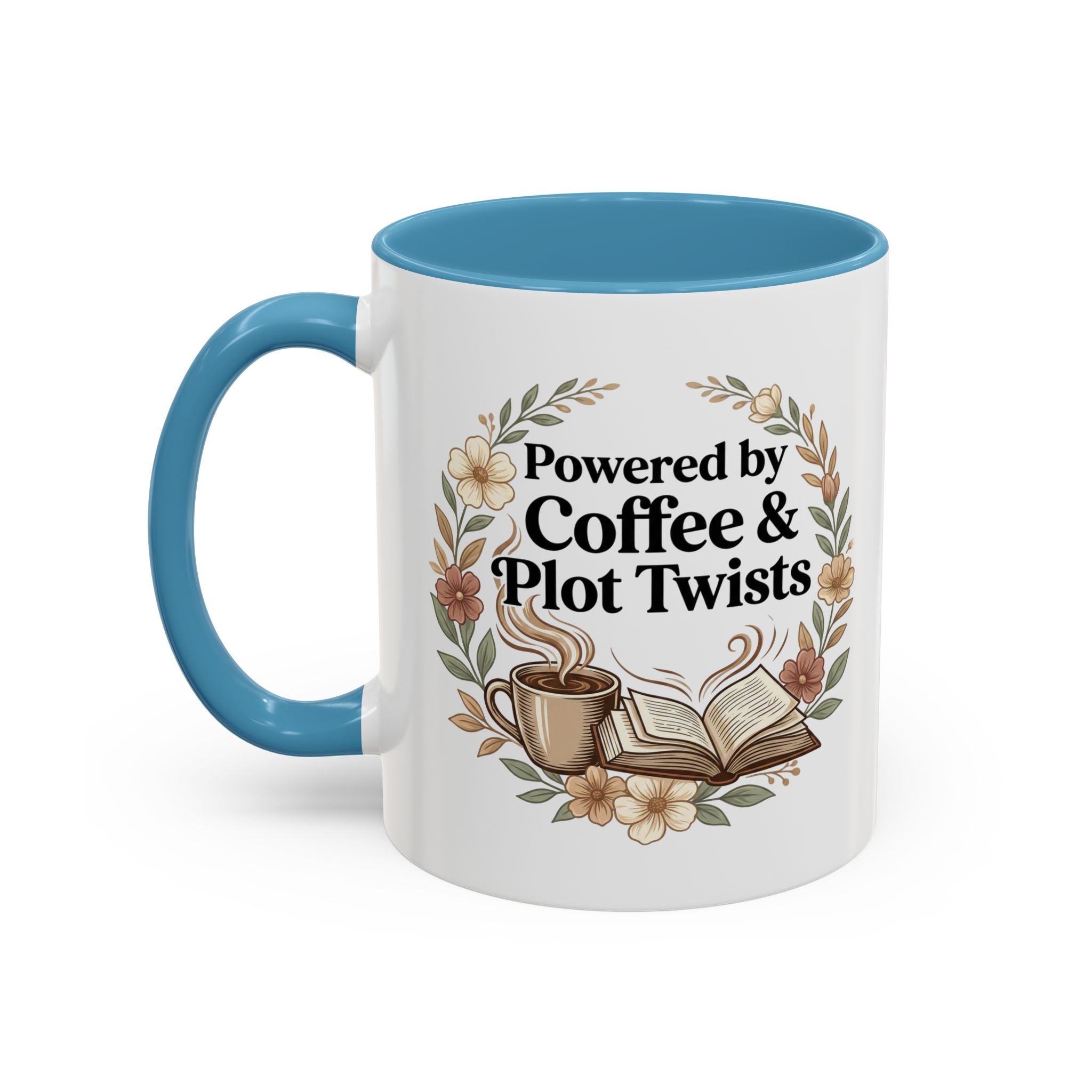 Coffee Mug — “Powered by Coffee & Plot Twists” Floral Book Lover Mug (11/15oz)