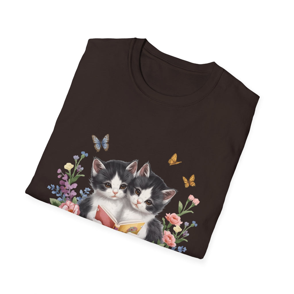 Cute Kitten Floral T-Shirt — Twin Cats with Ribbon & Butterflies