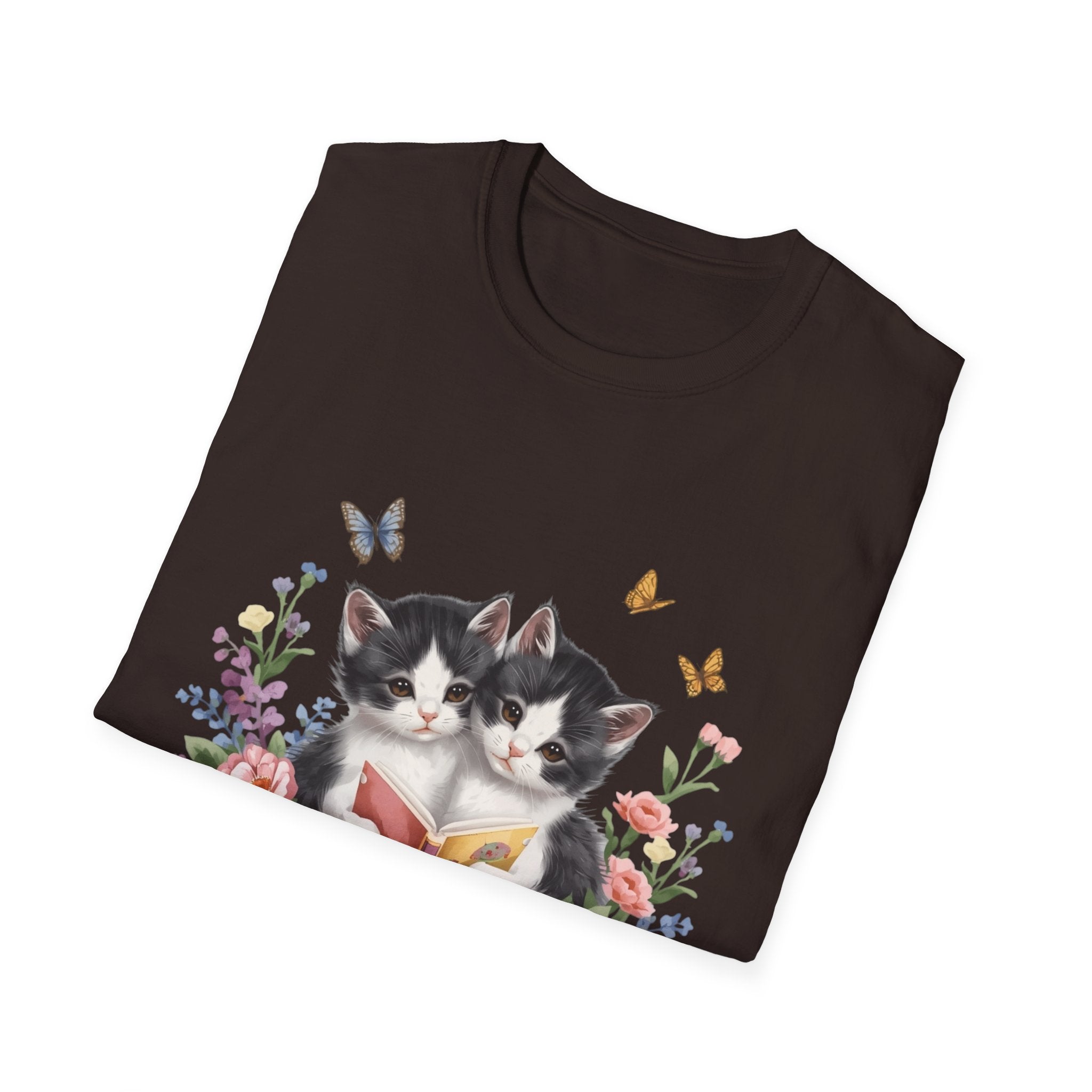 Cute Kitten Floral T-Shirt — Twin Cats with Ribbon & Butterflies