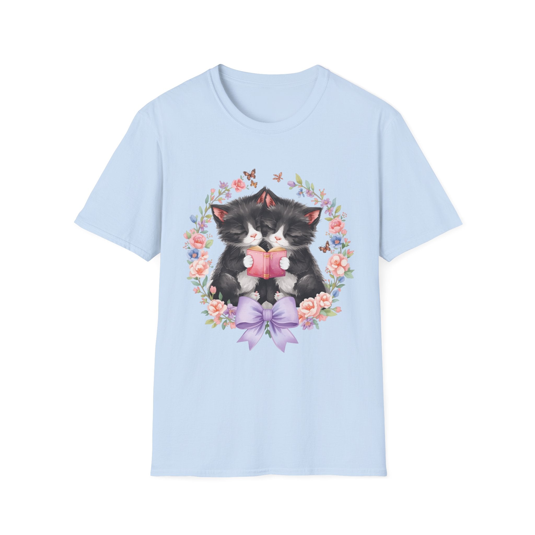 Cat Kittens Floral Wreath T-Shirt — Cute Twins with Gift & Bow