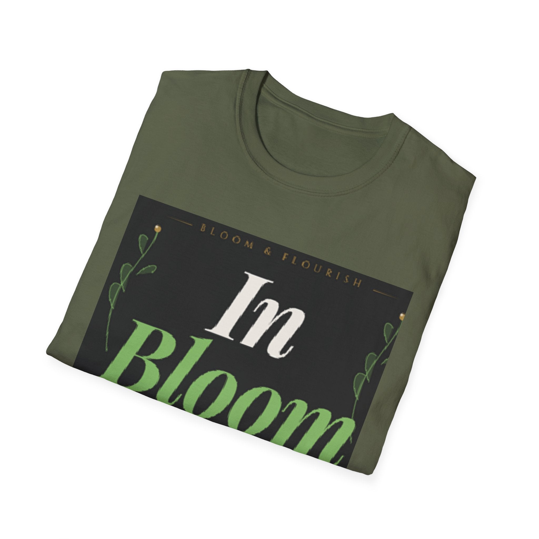 In Bloom T-Shirt — Botanical Graphic Tee with Green Lettering