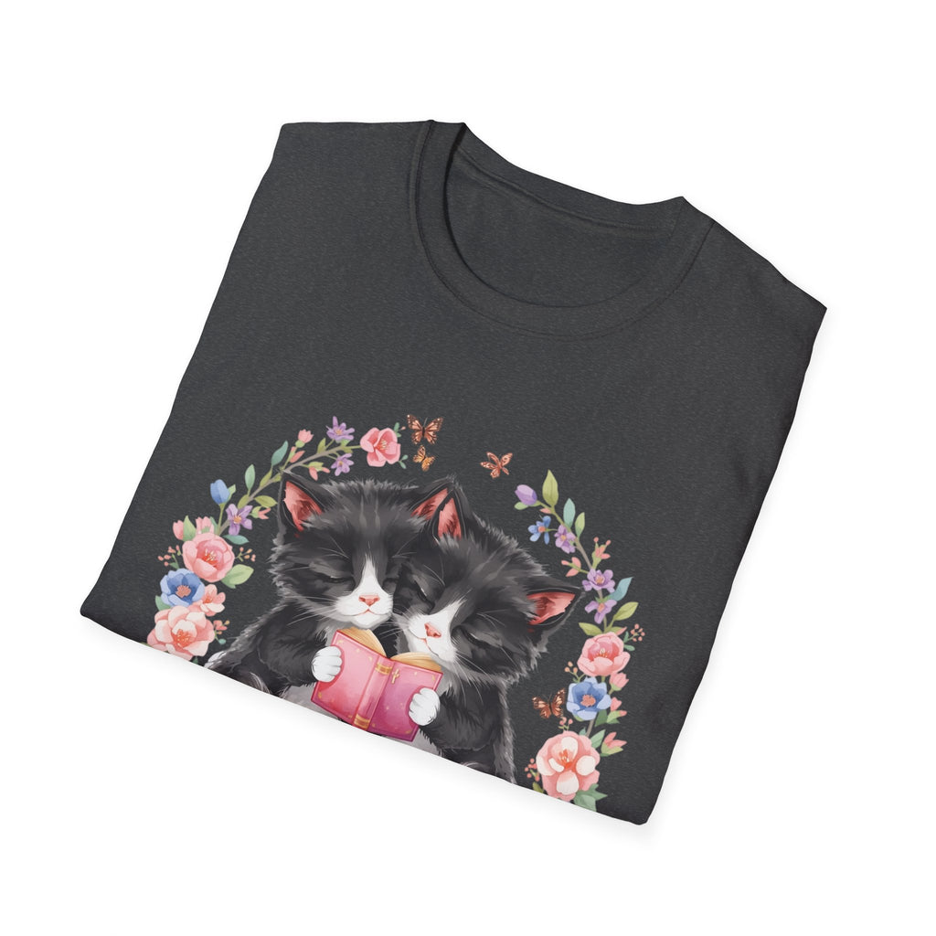 Cat Kittens Floral Wreath T-Shirt — Cute Twins with Gift & Bow